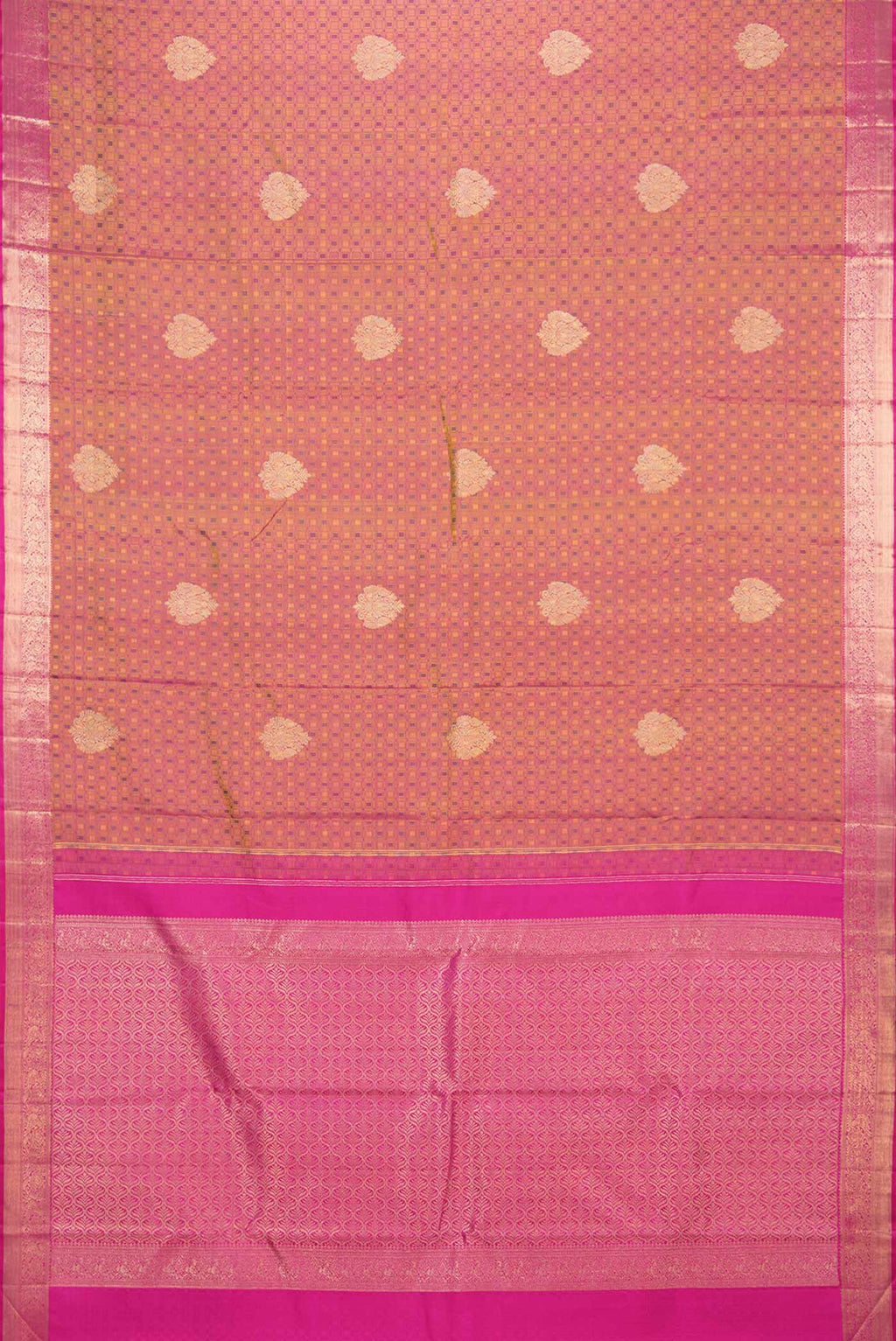 Flat view of Pure Silk Pure Zari Mustard Dual Tone Kanchipuram Saree with Jacquard With Zari Butta on the body and Zari Border