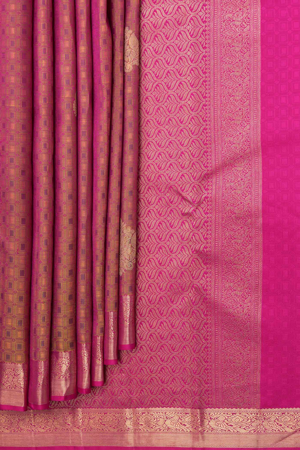 Pleats and pallu of Pure Silk Pure Zari Mustard Dual Tone Kanchipuram Saree with Jacquard With Zari Butta on the body and Zari Border