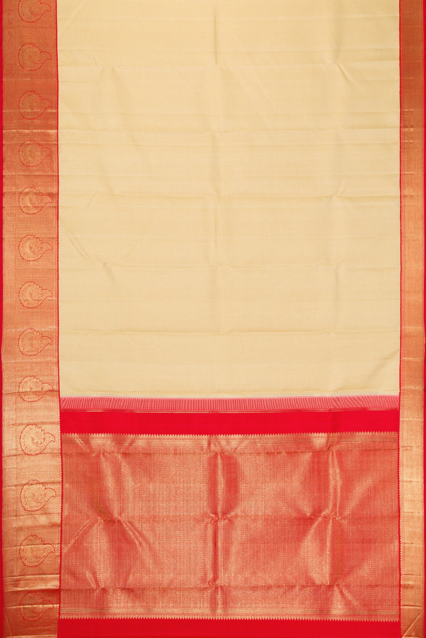Flat view of Sandal Dual Tone Kanchipuram Silk Saree with Jacquard design on the body and Zari Border. 