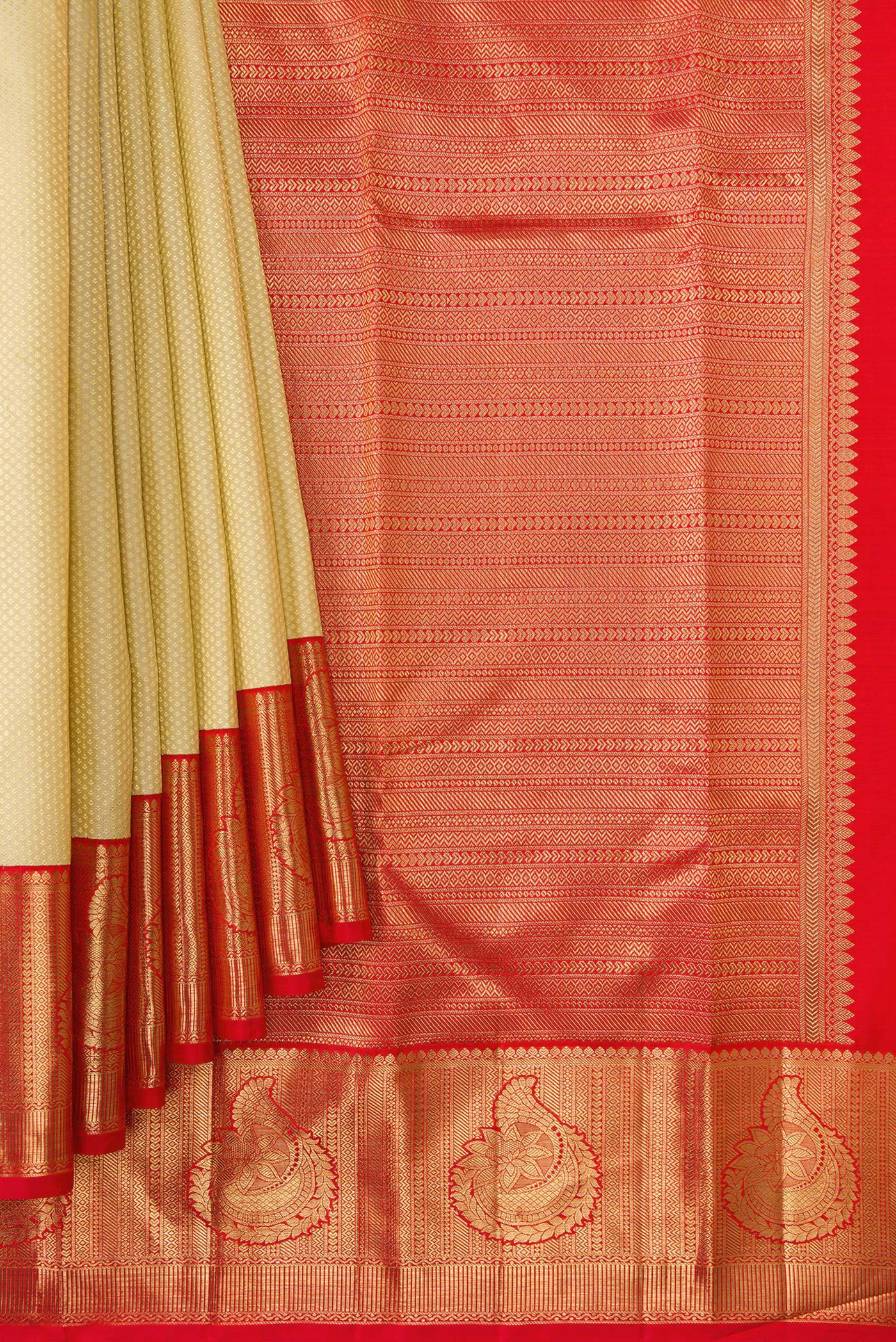 Pleats and pallu of Sandal Dual Tone Kanchipuram Silk Saree with Jacquard design on the body and Zari Border. 