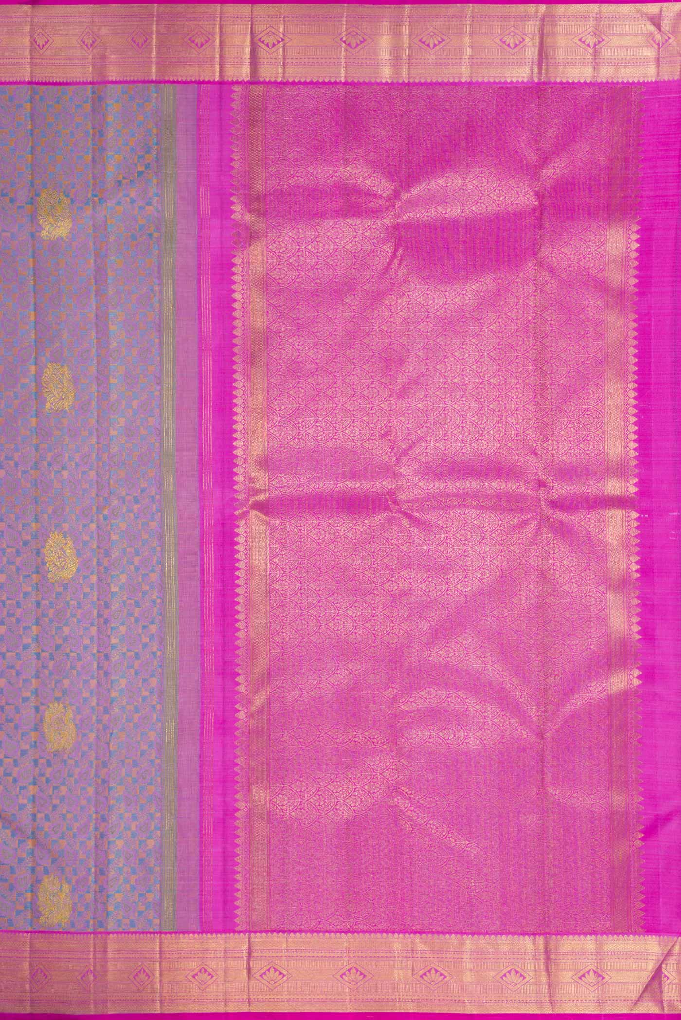 Close up image of the pallu of Pure Silk Pure Zari Lavender Dual Tone Kanchipuram Saree with Jacquard With Zari Butta on the body and Zari Border. 