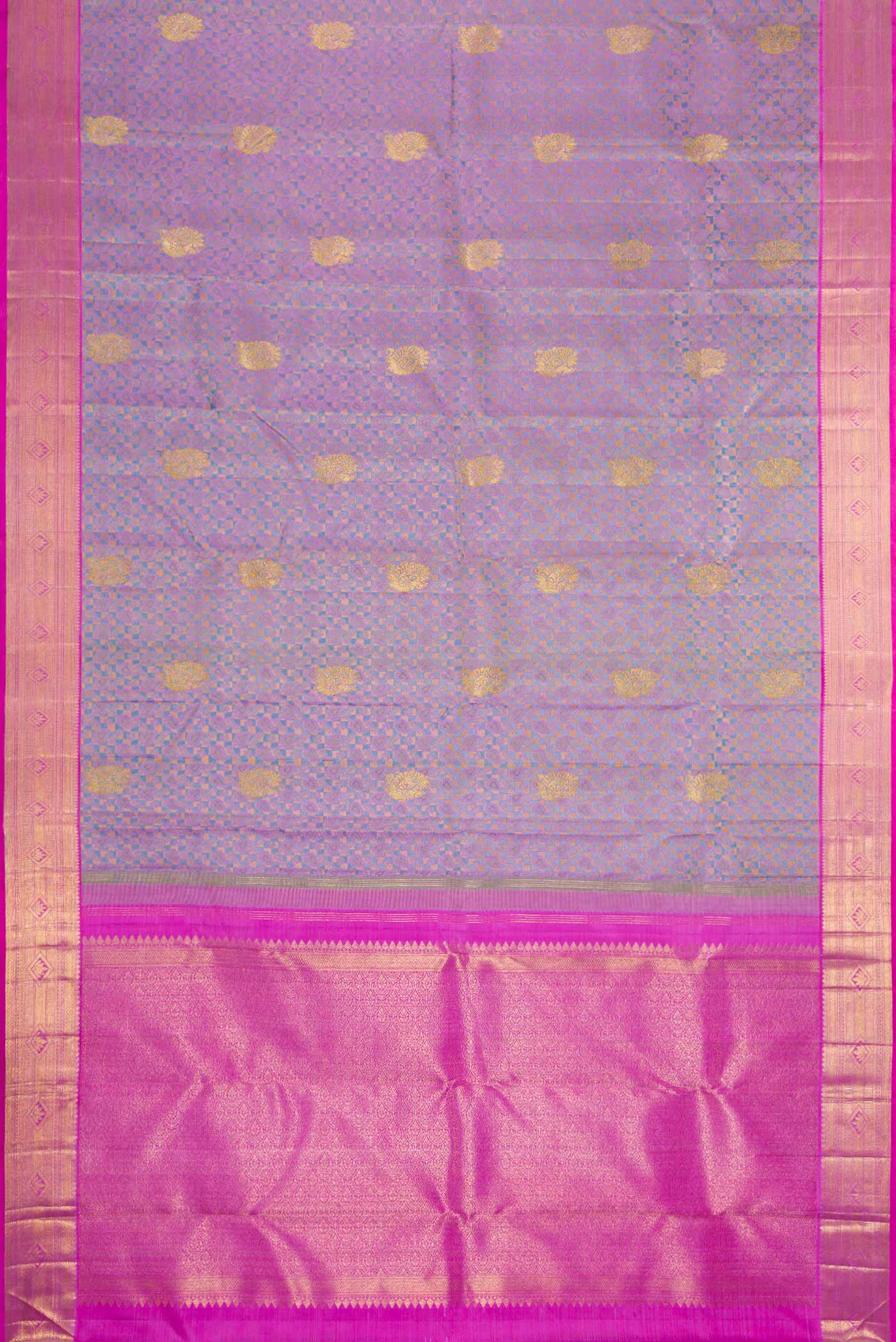 Flat view of Pure Silk Pure Zari Lavender Dual Tone Kanchipuram Saree with Jacquard With Zari Butta on the body and Zari Border. 