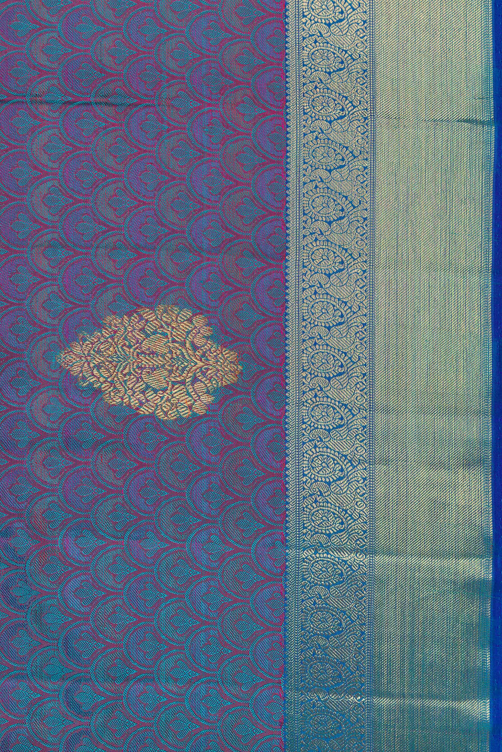 Border image of Pure Silk Pure Zari Peacock Blue Dual Tone Kanchipuram Saree with Jacquard With Zari Butta on the body and Zari Border. 