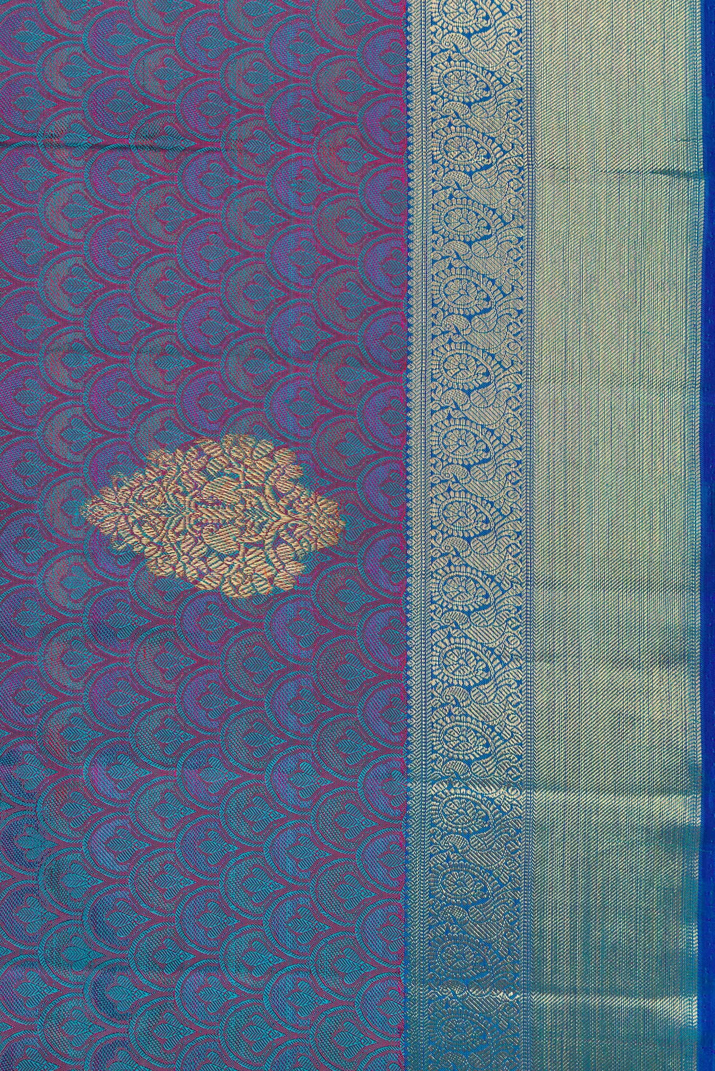 Border image of Pure Silk Pure Zari Peacock Blue Dual Tone Kanchipuram Saree with Jacquard With Zari Butta on the body and Zari Border. 