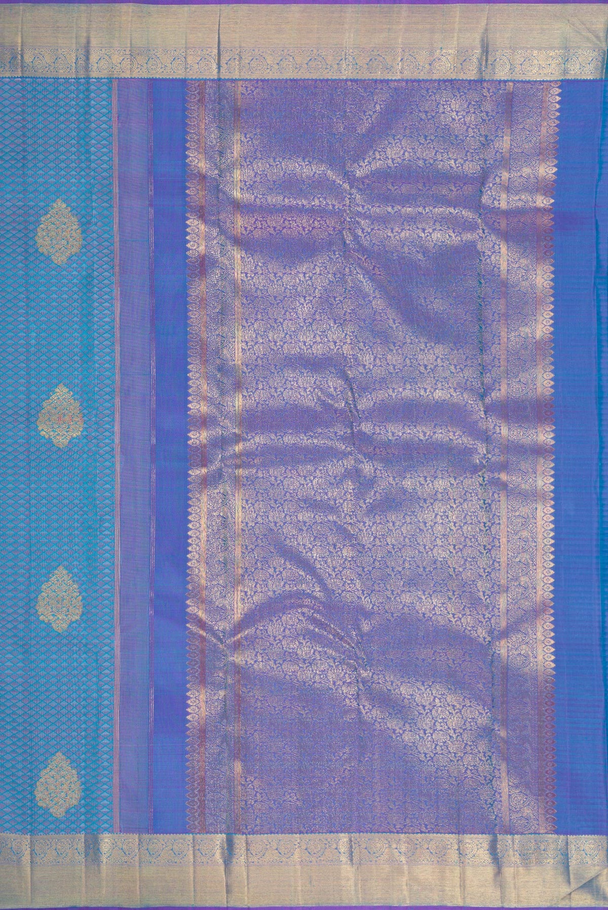 Close up image of the pallu of Pure Silk Pure Zari Light Blue Dual Tone Kanchipuram Saree with Jacquard With Zari Butta on the body and Zari Border. 