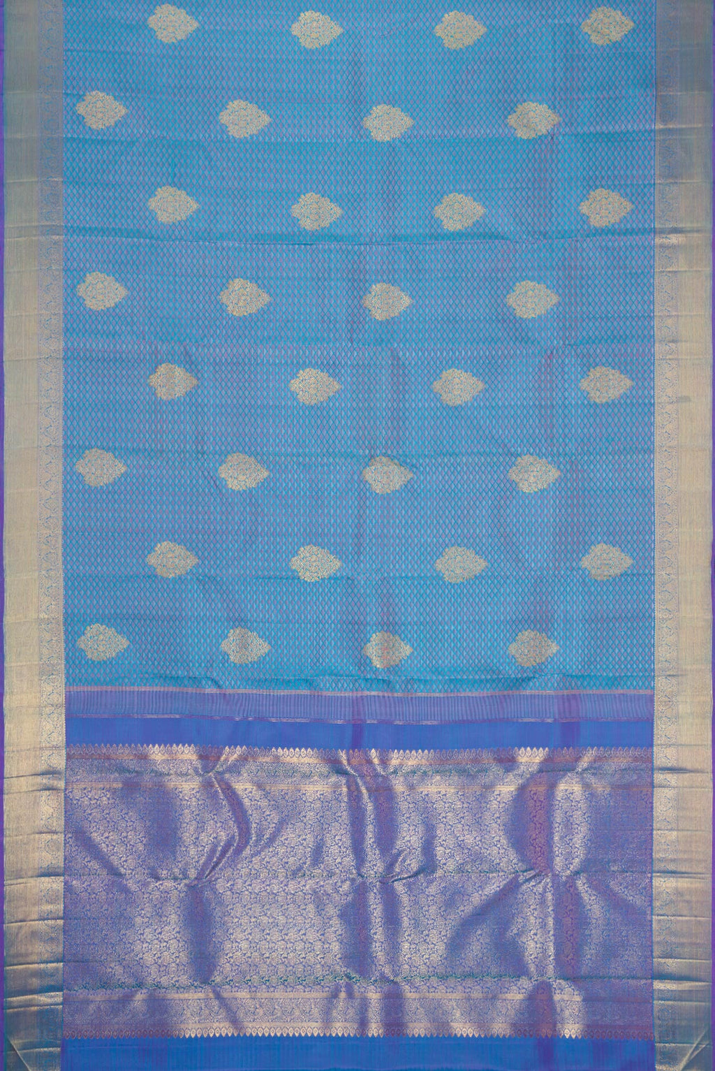 Flat view of Pure Silk Pure Zari Light Blue Dual Tone Kanchipuram Saree with Jacquard With Zari Butta on the body and Zari Border. 