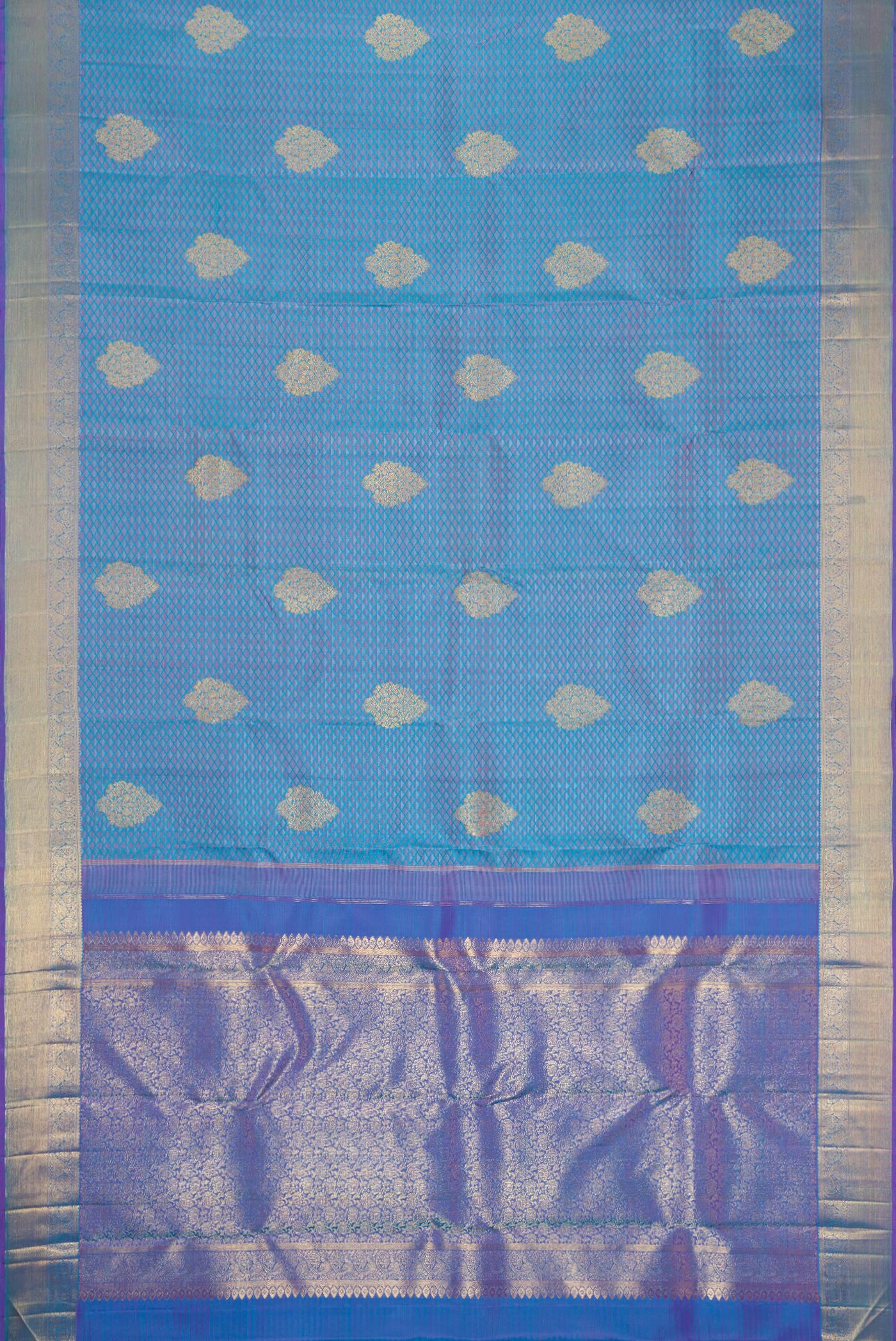Flat view of Pure Silk Pure Zari Light Blue Dual Tone Kanchipuram Saree with Jacquard With Zari Butta on the body and Zari Border. 