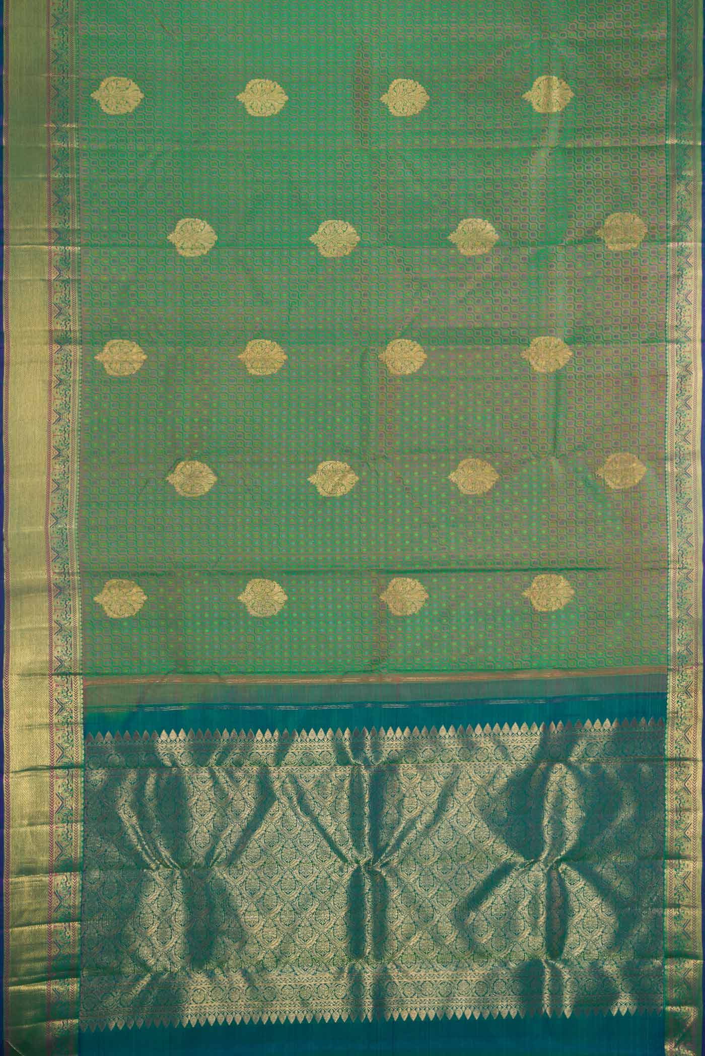 Flat view of Pure Silk Pure Zari Green Dual Tone Kanchipuram Saree with Jacquard With Zari Butta on the body and Zari Border. 