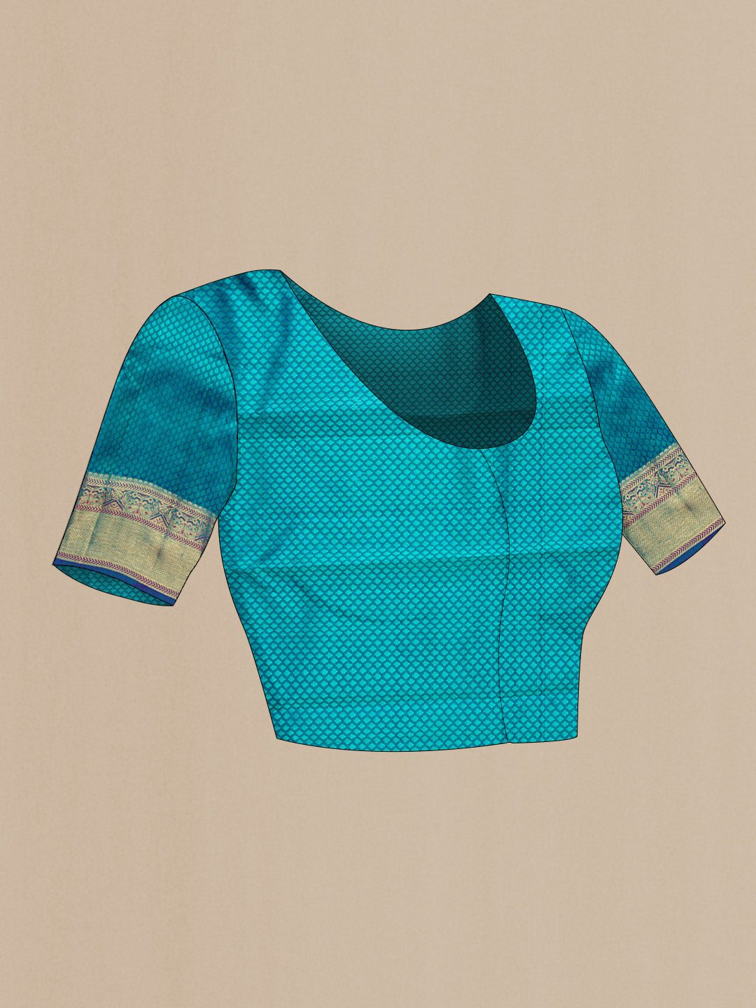 Close up image of the blouse of Pure Silk Pure Zari Peacock Blue Dual Tone Kanchipuram Saree with Jacquard With Zari Butta on the body and Zari Border. 