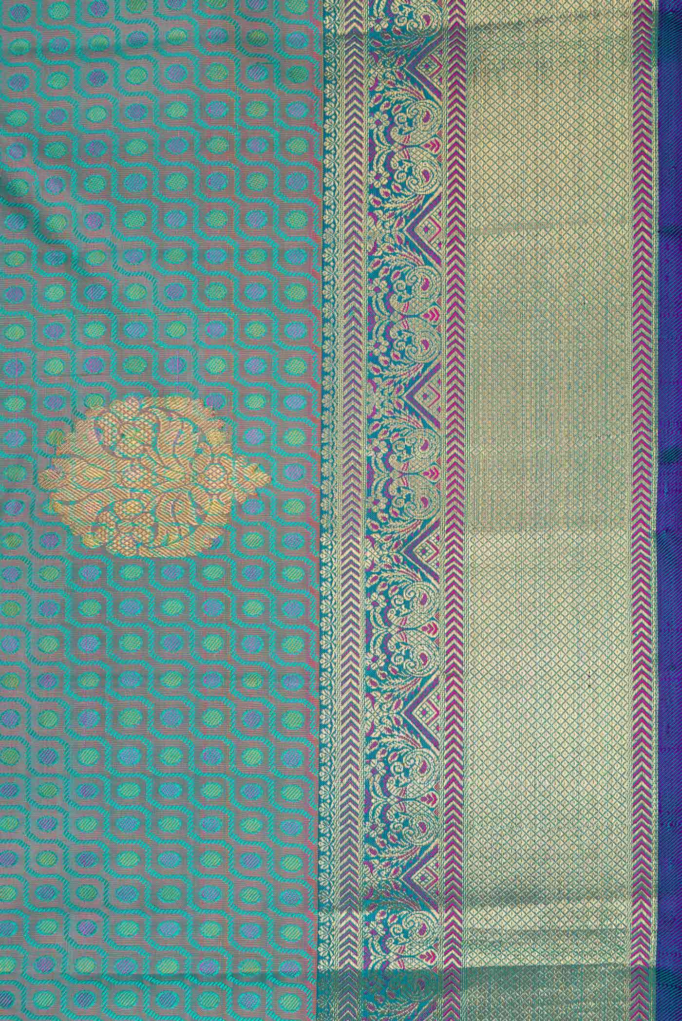 Border image of Pure Silk Pure Zari Peacock Blue Dual Tone Kanchipuram Saree with Jacquard With Zari Butta on the body and Zari Border. 