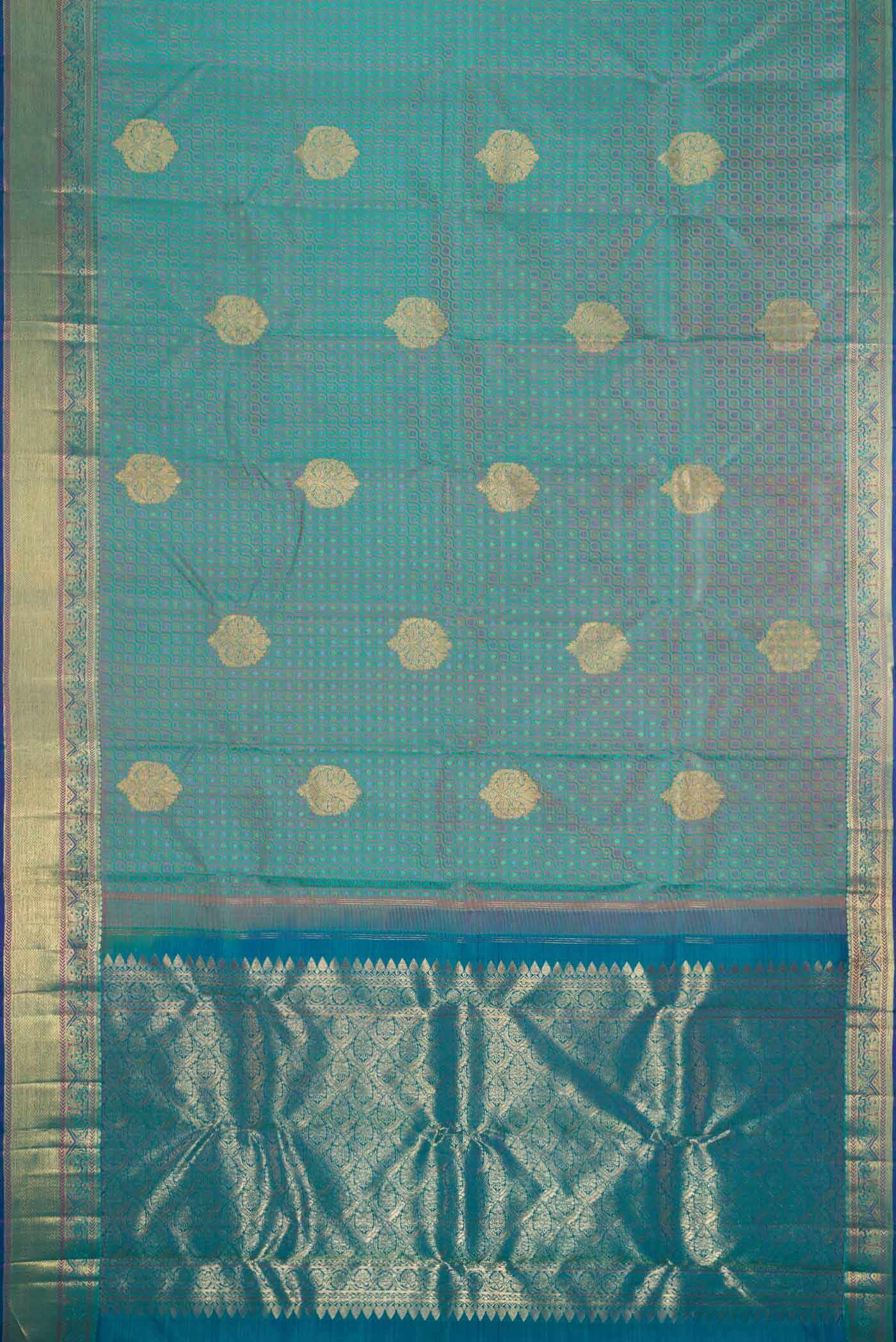 Flat view of Pure Silk Pure Zari Peacock Blue Dual Tone Kanchipuram Saree with Jacquard With Zari Butta on the body and Zari Border. 