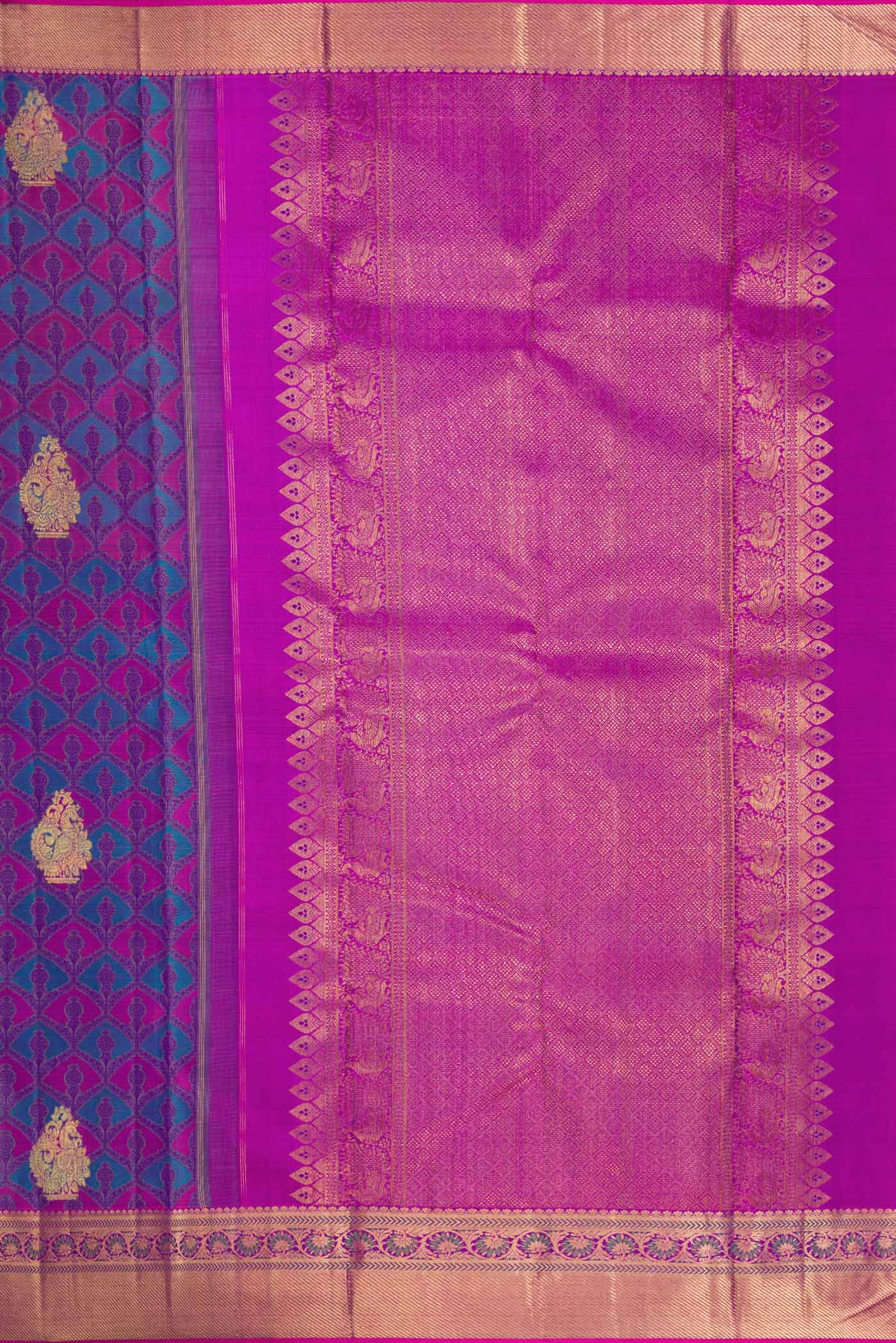 Close up image of the pallu of Pure Silk Pure Zari Purple Dual Tone Kanchipuram Saree with Jacquard With Zari Butta on the body and Zari Border. 
