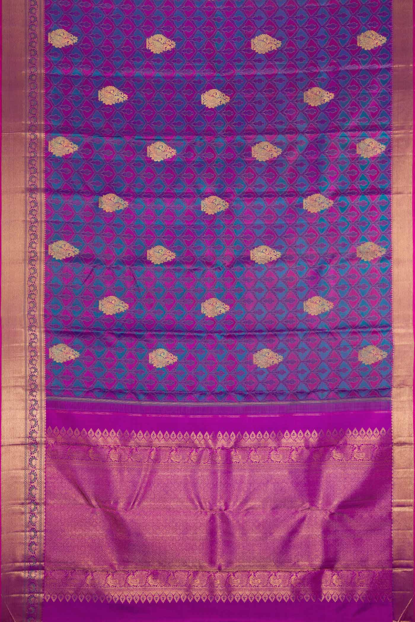 Flat view of Pure Silk Pure Zari Purple Dual Tone Kanchipuram Saree with Jacquard With Zari Butta on the body and Zari Border. 