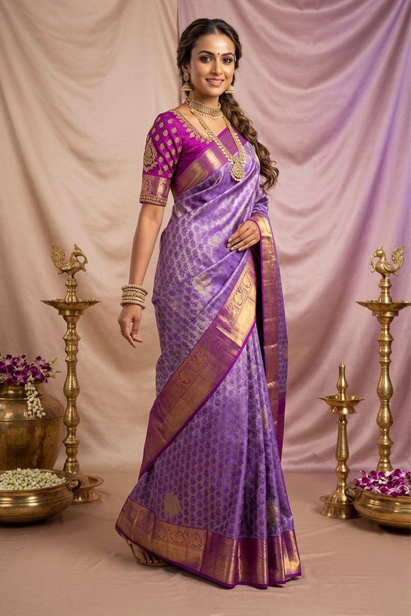 Model wearing a Pure Silk Pure Zari Violet Kanchipuram Saree with Jacquard With Zari Butta on the body and Zari Border.