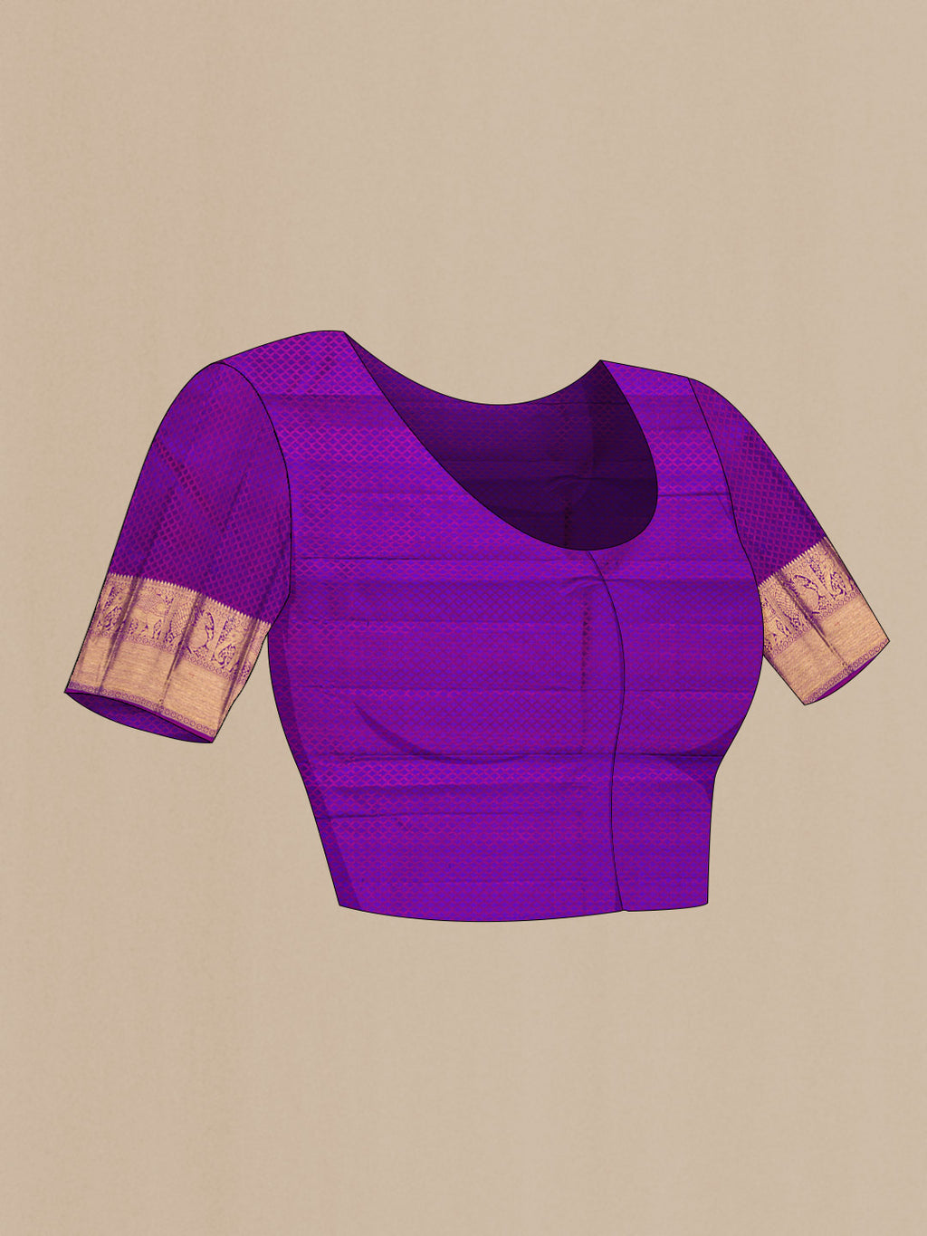 Close up image of the blouse of Pure Silk Pure Zari Purple Dual Tone Kanchipuram Saree with Jacquard With Zari Butta on the body and Zari Border. 