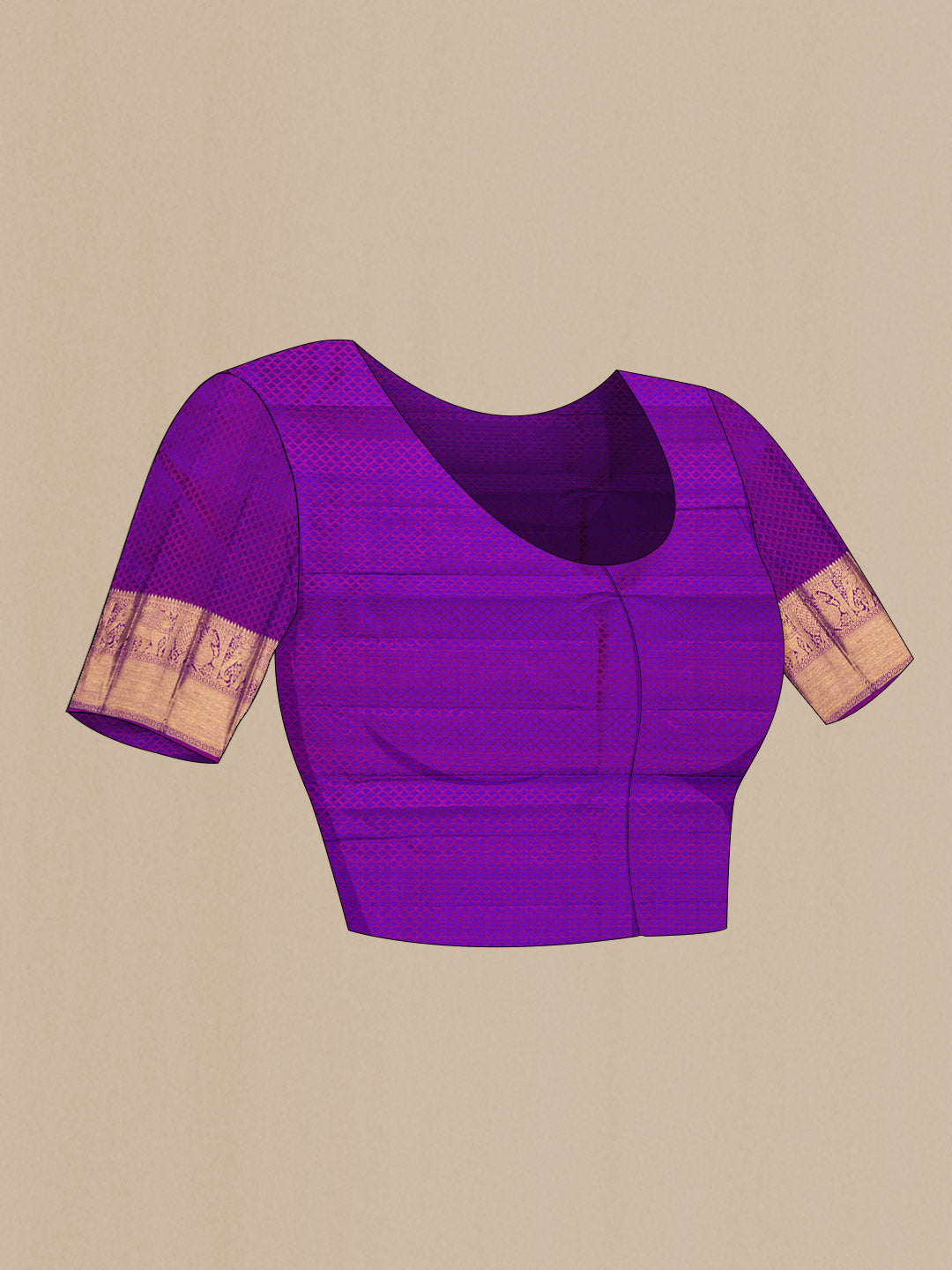 Close up image of the blouse of Pure Silk Pure Zari Purple Dual Tone Kanchipuram Saree with Jacquard With Zari Butta on the body and Zari Border. 