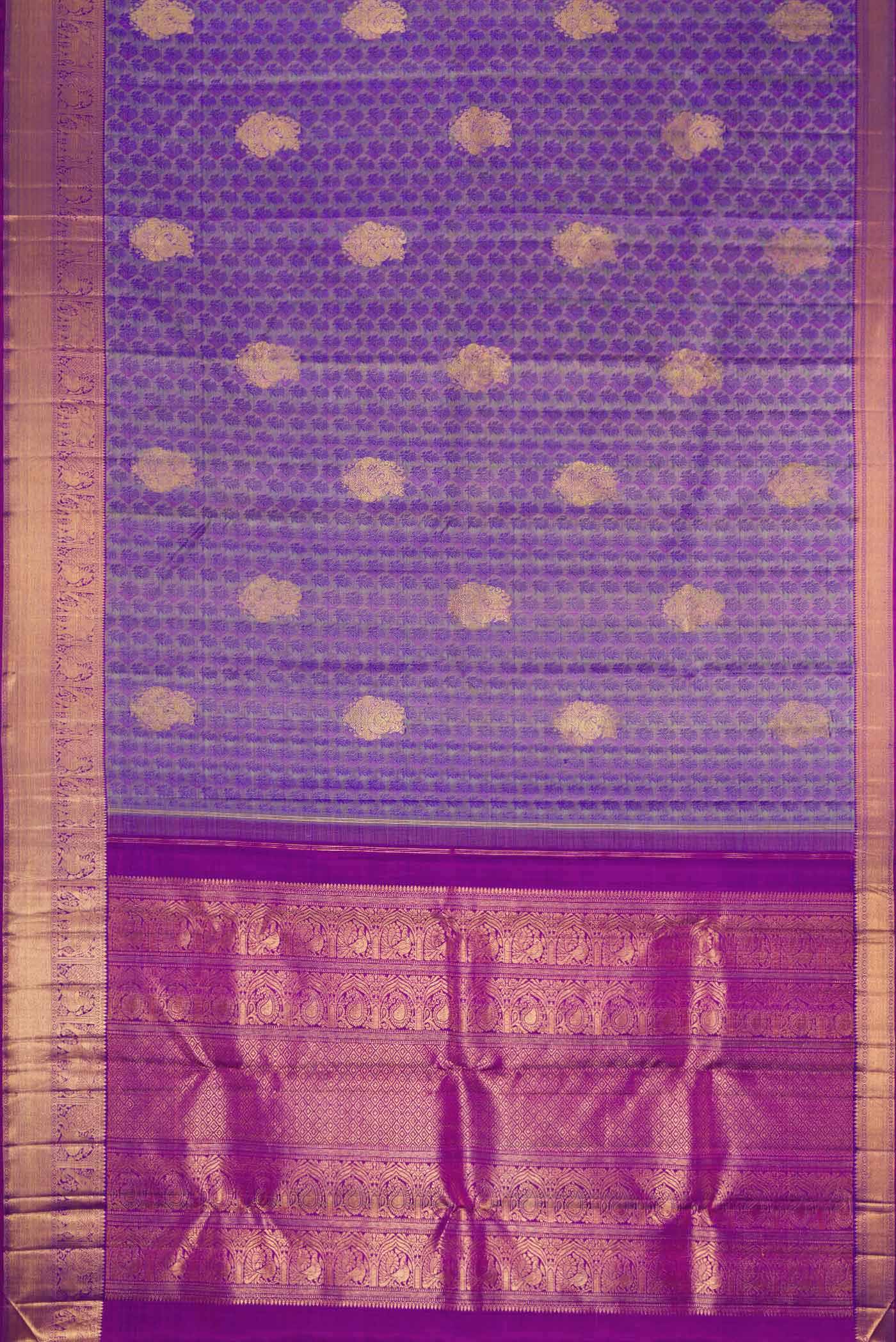 Flat view of Pure Silk Pure Zari Purple Dual Tone Kanchipuram Saree with Jacquard With Zari Butta on the body and Zari Border. 
