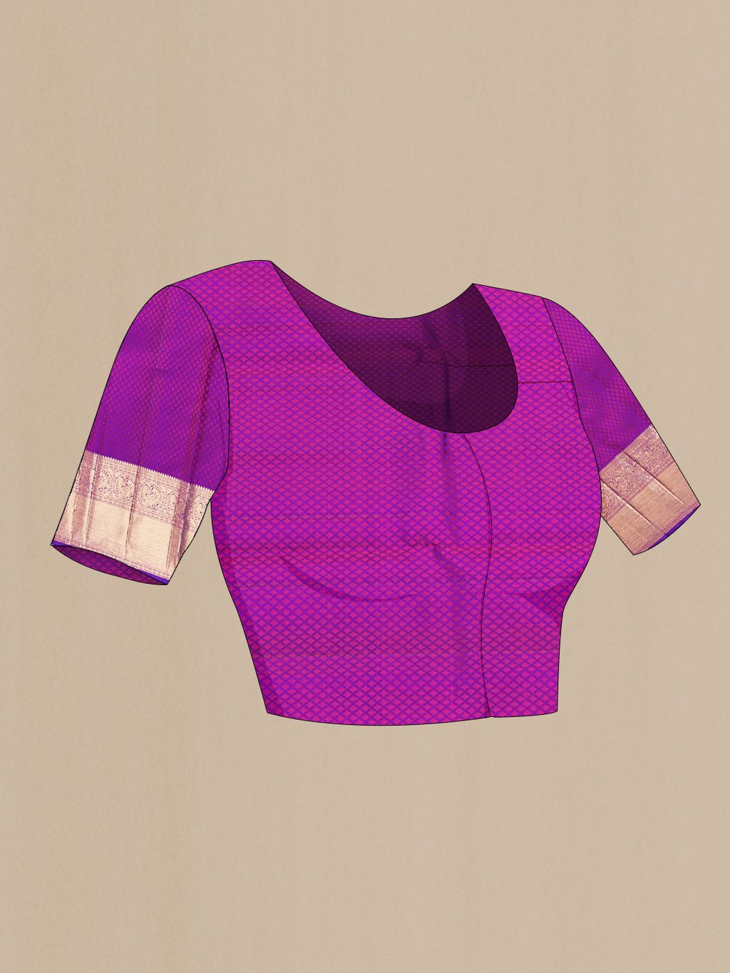 Close up image of the blouse of Pure Silk Purple Dual Tone Kanchipuram Saree with Jacquard With Zari Butta on the body and Zari Border. 