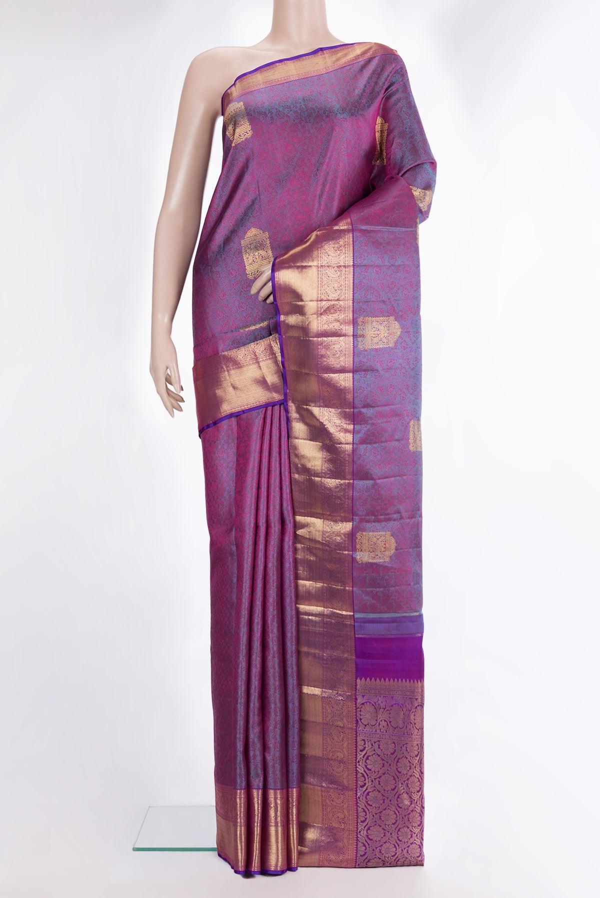 Pure Silk Purple Dual Tone Kanchipuram Saree with Jacquard With Zari Butta on the body and Zari Border.  displayed on a mannequin
