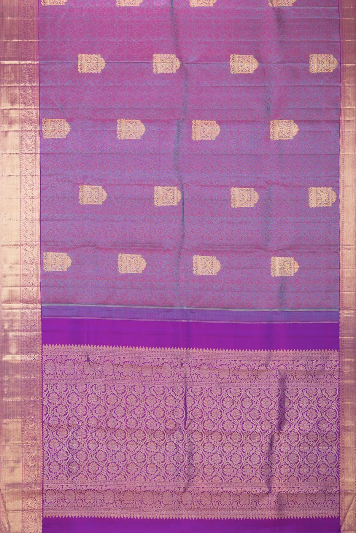 Flat view of Pure Silk Purple Dual Tone Kanchipuram Saree with Jacquard With Zari Butta on the body and Zari Border. 