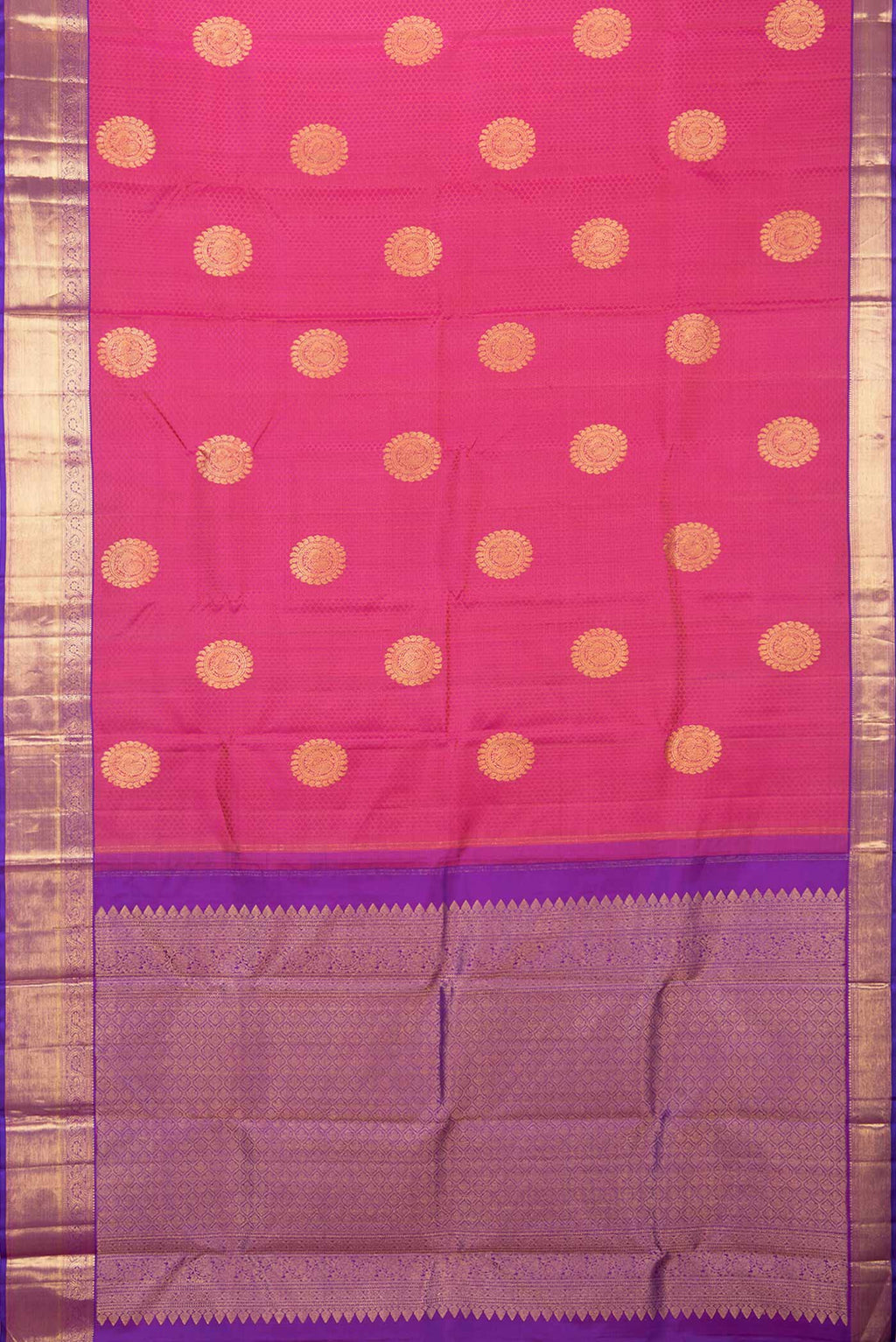 Flat view of Pink Dual Tone Kanchipuram Saree with Jacquard With Zari Butta on the body and Zari Border