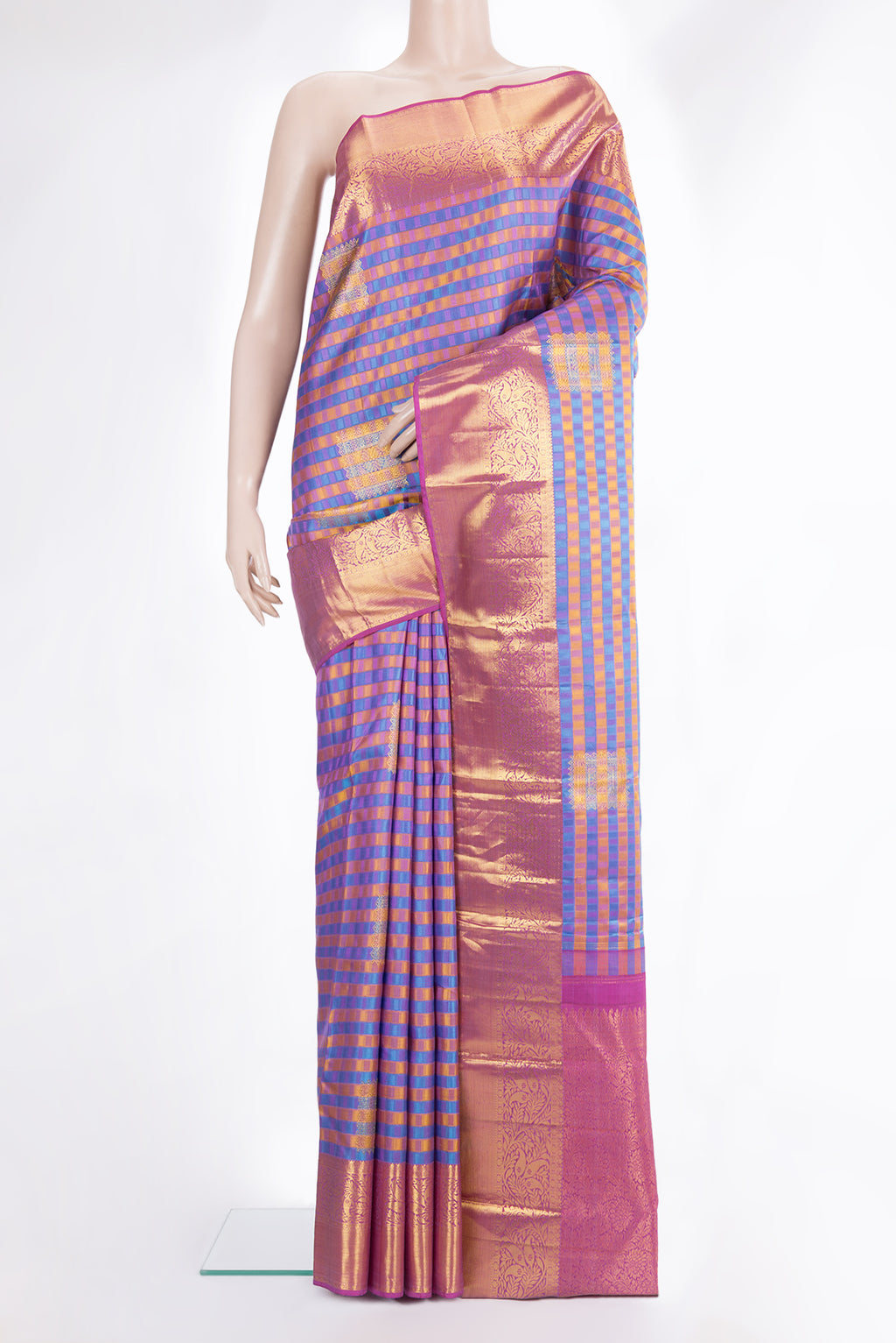 Pure Silk Multi Color Kanchipuram Saree with Jacquard With Zari Butta on the body and Zari Border.  displayed on a mannequin