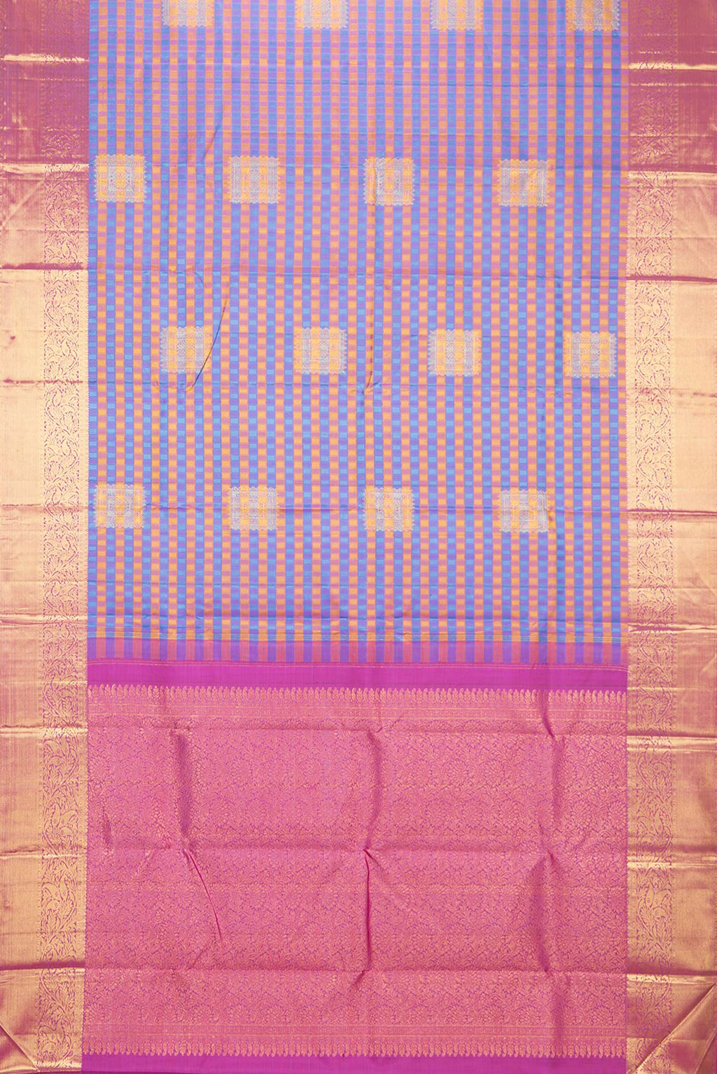 Flat view of Pure Silk Multi Color Kanchipuram Saree with Jacquard With Zari Butta on the body and Zari Border. 
