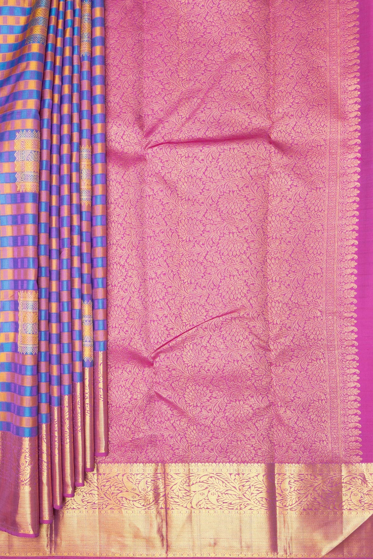 Pleats and pallu of Pure Silk Multi Color Kanchipuram Saree with Jacquard With Zari Butta on the body and Zari Border. 