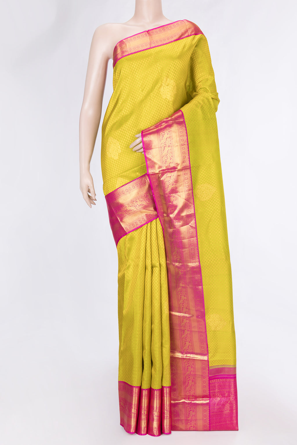 Parrot Green Dual Tone Kanjivaram Silk Saree with Jacquard With Zari Butta on the body and Zari Border.  displayed on a mannequin