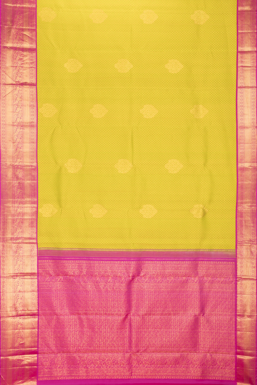 Flat view of Parrot Green Dual Tone Kanjivaram Silk Saree with Jacquard With Zari Butta on the body and Zari Border. 