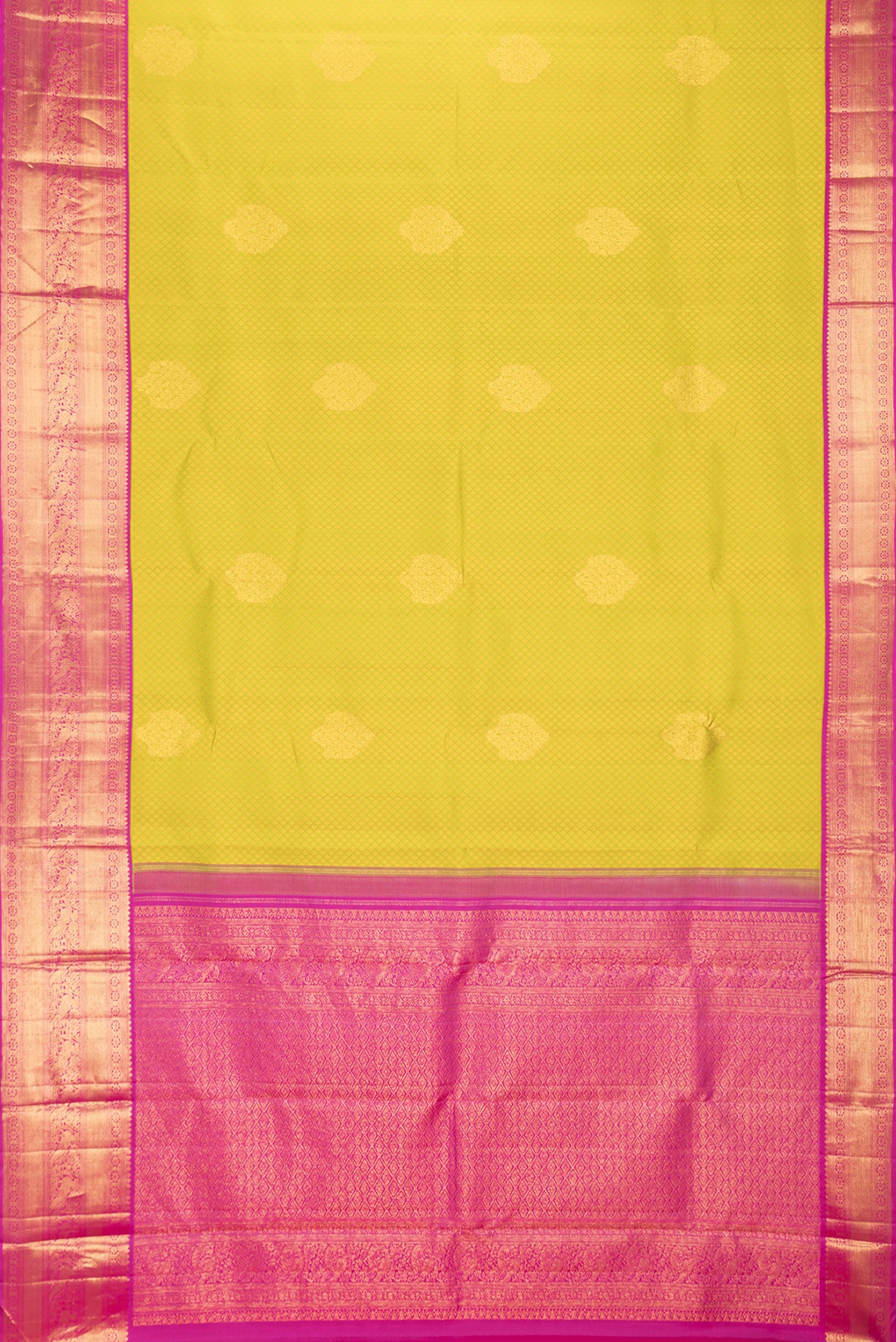 Flat view of Parrot Green Dual Tone Kanjivaram Silk Saree with Jacquard With Zari Butta on the body and Zari Border. 