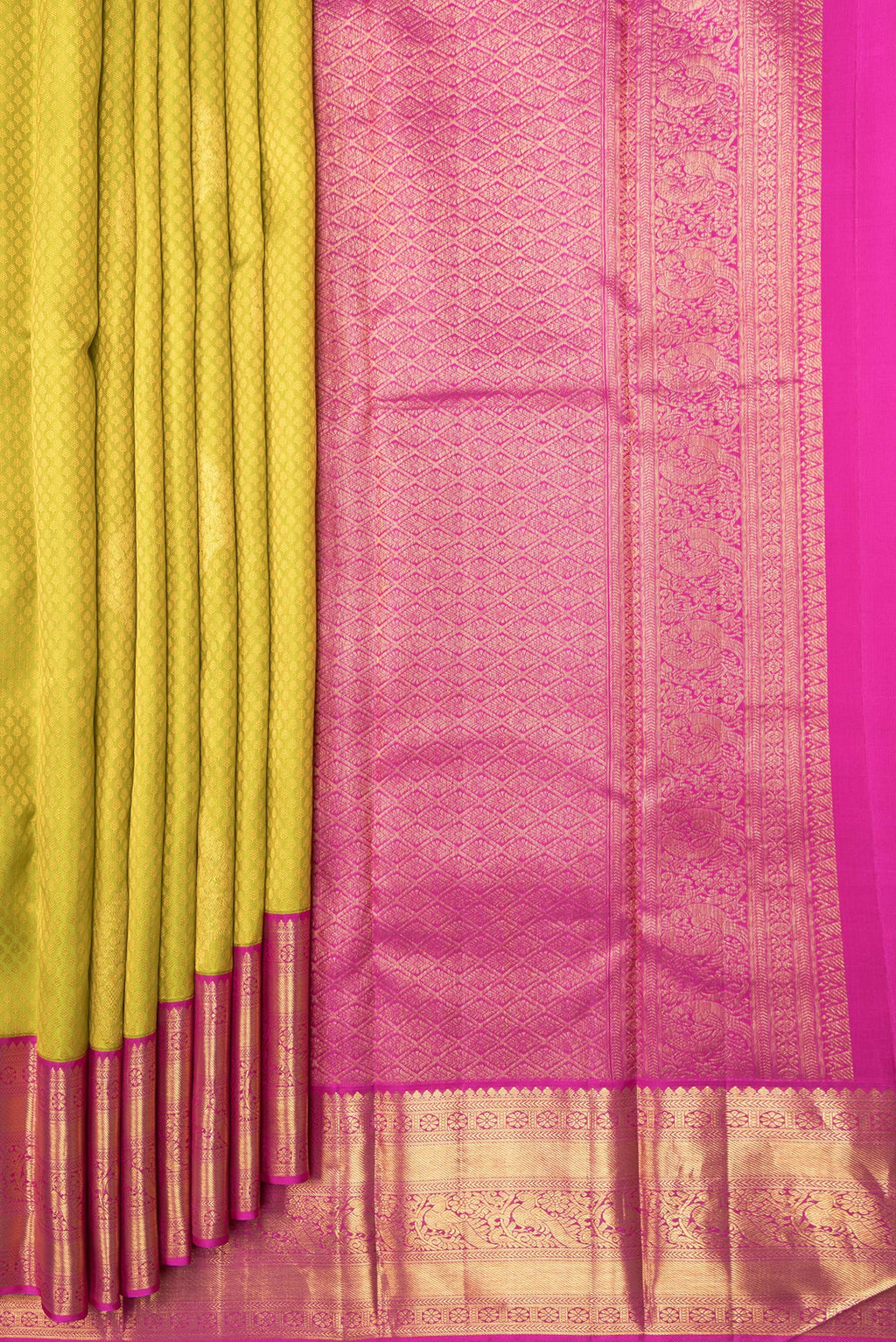 Pleats and pallu of Parrot Green Dual Tone Kanjivaram Silk Saree with Jacquard With Zari Butta on the body and Zari Border. 