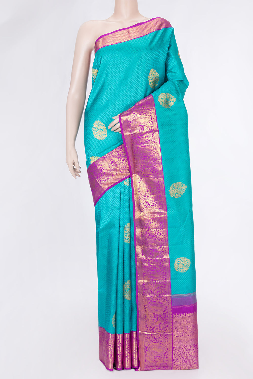 Sea Green Dual Tone Kanjivaram Silk Saree with Jacquard With Zari Butta on the body and Zari Border.  displayed on a mannequin