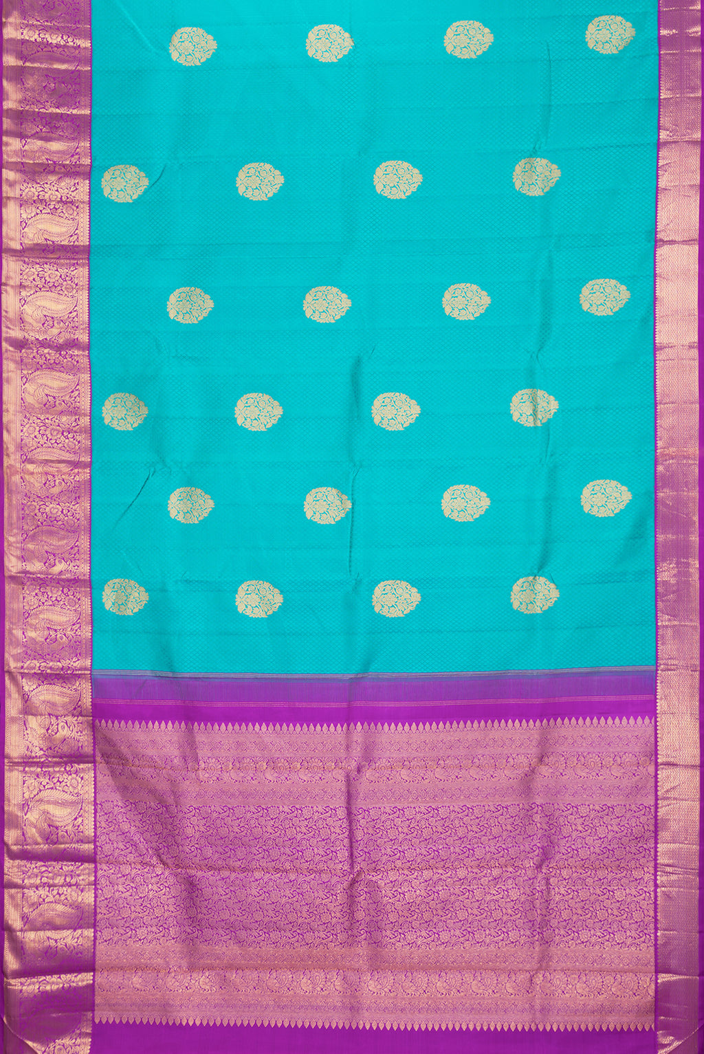Flat view of Sea Green Dual Tone Kanjivaram Silk Saree with Jacquard With Zari Butta on the body and Zari Border. 