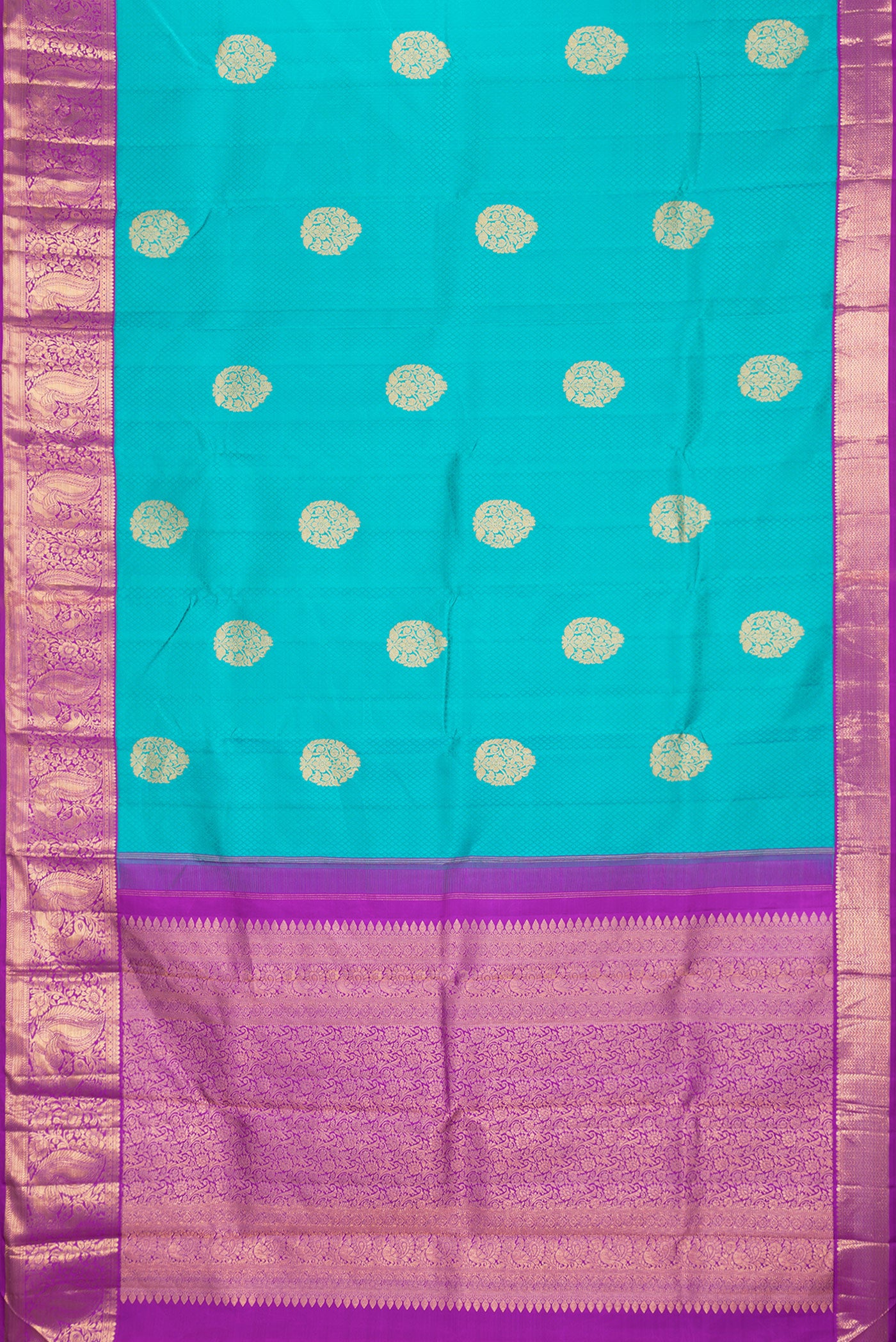Flat view of Sea Green Dual Tone Kanjivaram Silk Saree with Jacquard With Zari Butta on the body and Zari Border. 