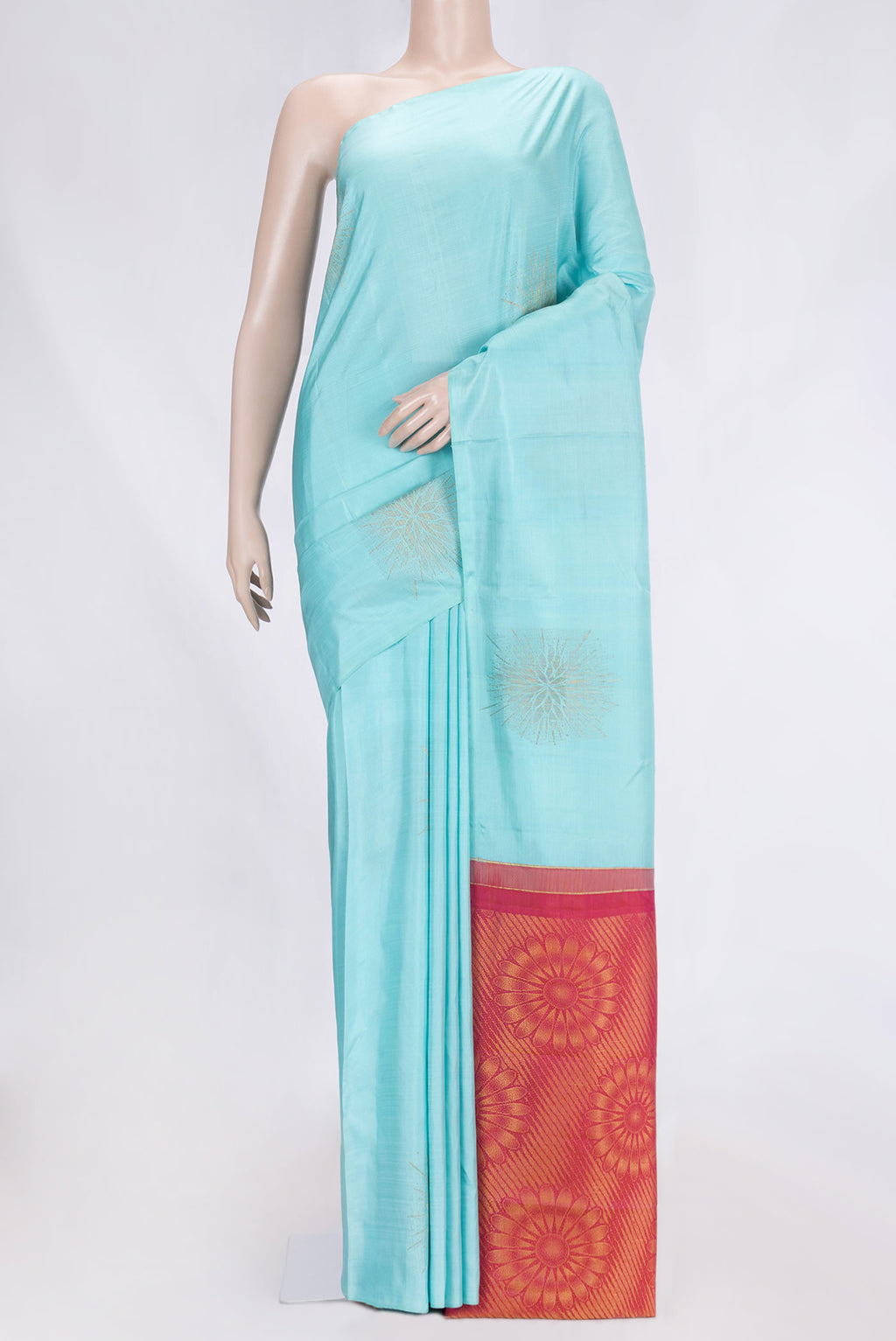 Sky Blue Dual Tone Kanchipuram Silk Saree with Zari Butta on the body and Without Border.  displayed on a mannequin