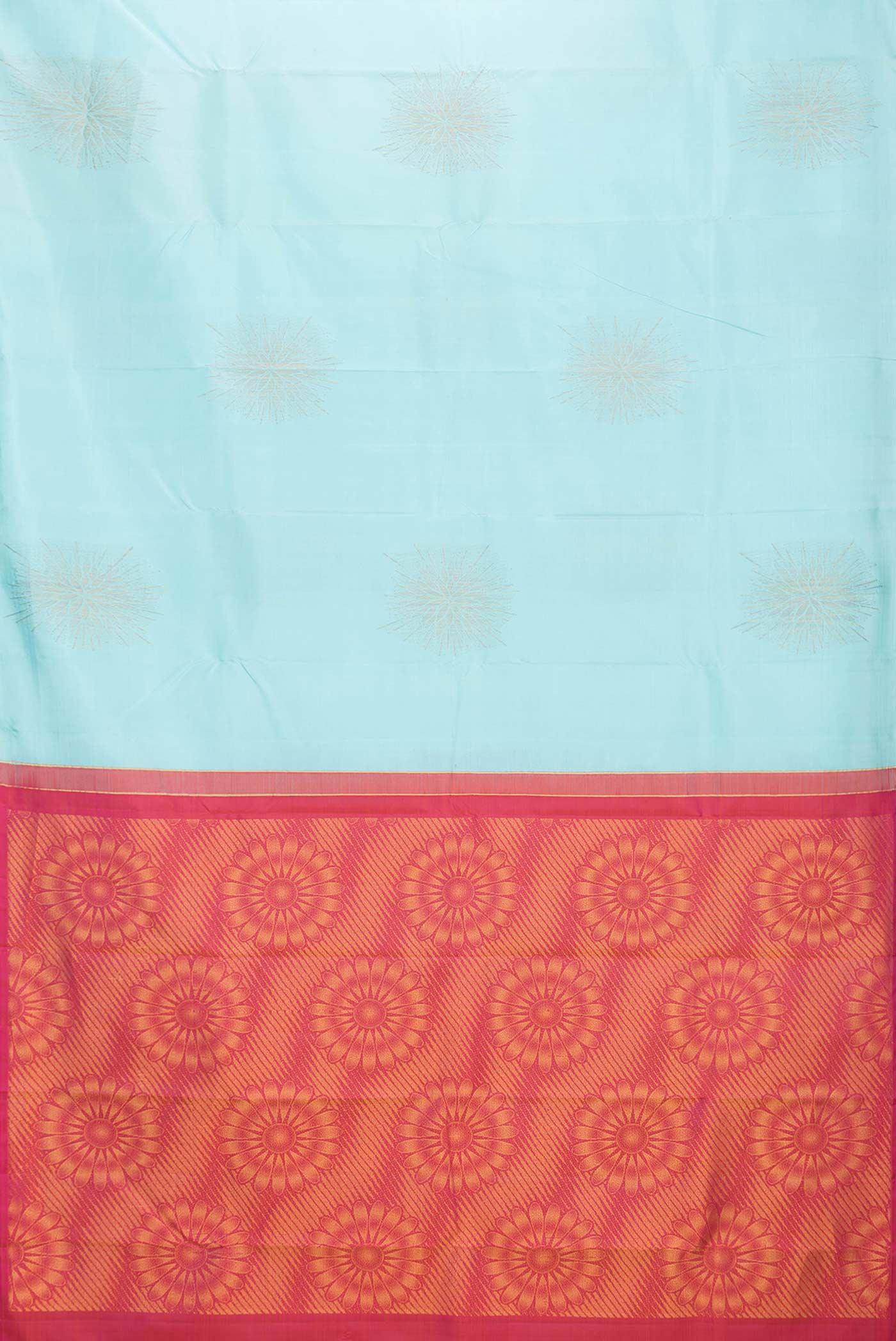 Flat view of Sky Blue Dual Tone Kanchipuram Silk Saree with Zari Butta on the body and Without Border. 