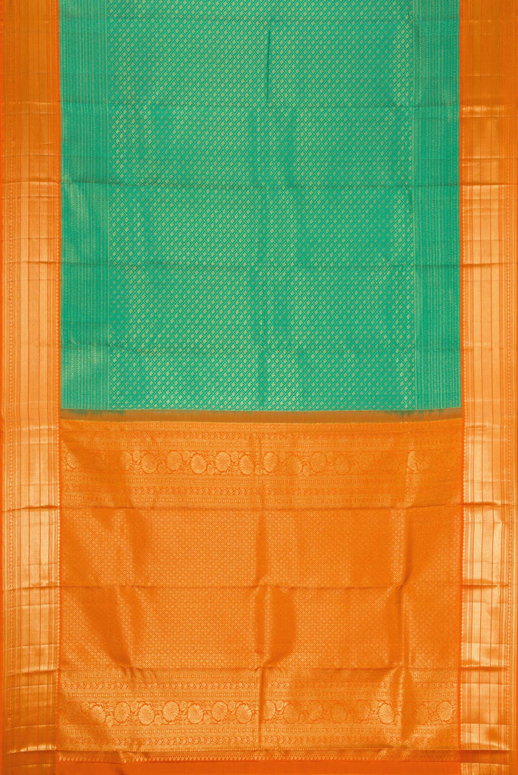 Flat view of Green Dual Tone Kanchipuram Silk Saree with Zari Brocade on the body and Zari Border. 