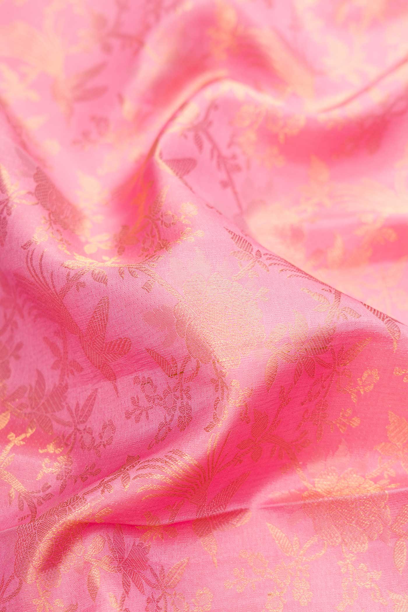 Close up of Pink Dual Tone Kanchipuram Silk Saree with Zari Brocade on the body and Zari Border.  displaying folds