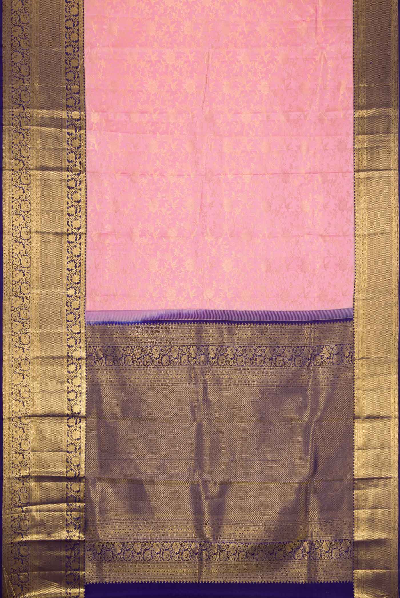 Flat view of Pink Dual Tone Kanchipuram Silk Saree with Zari Brocade on the body and Zari Border. 