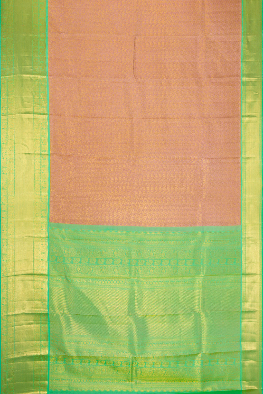 Flat view of Rose Gold Dual Tone Kanchipuram Silk Saree with Zari Brocade on the body and Zari Border. 