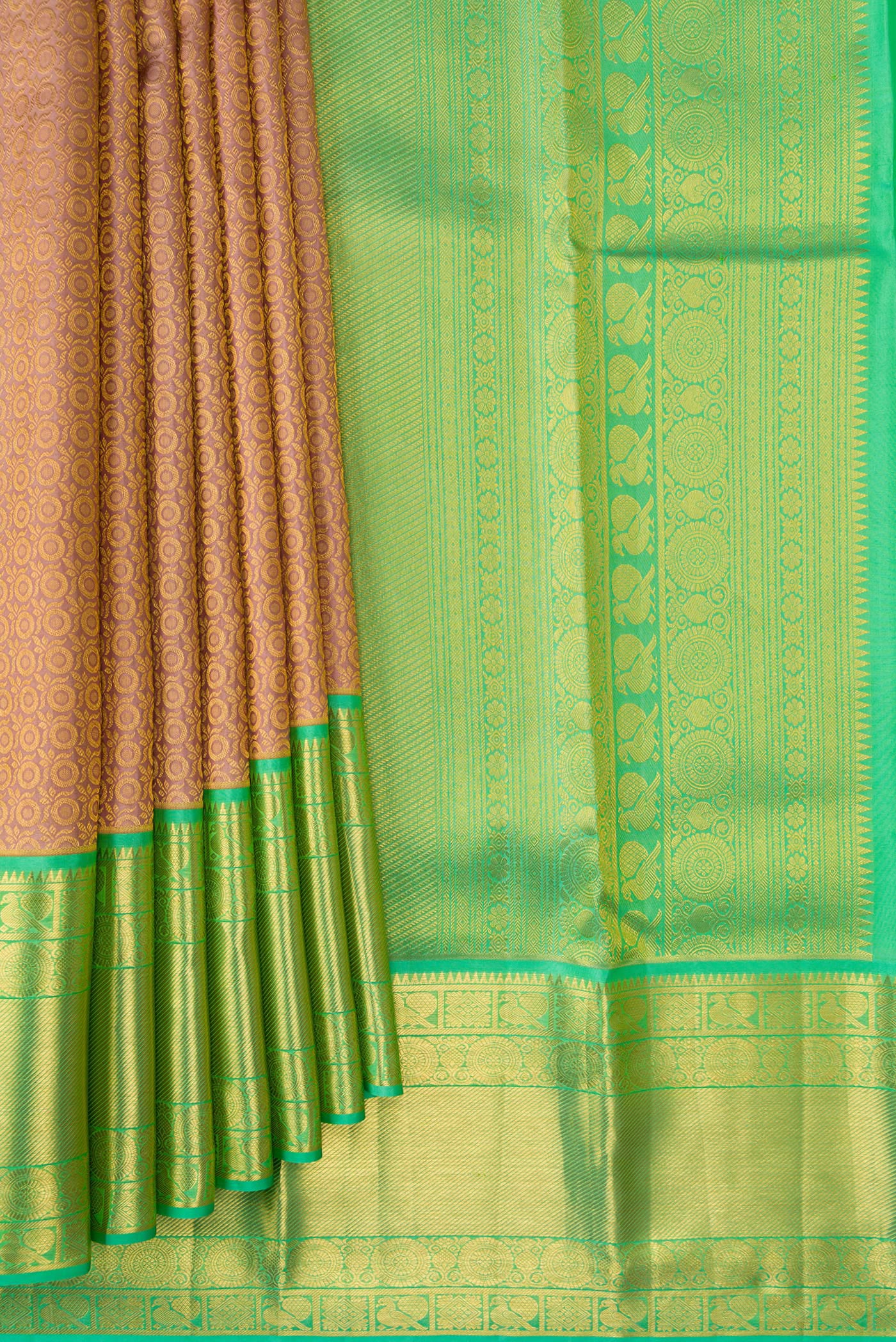 Pleats and pallu of Rose Gold Dual Tone Kanchipuram Silk Saree with Zari Brocade on the body and Zari Border. 