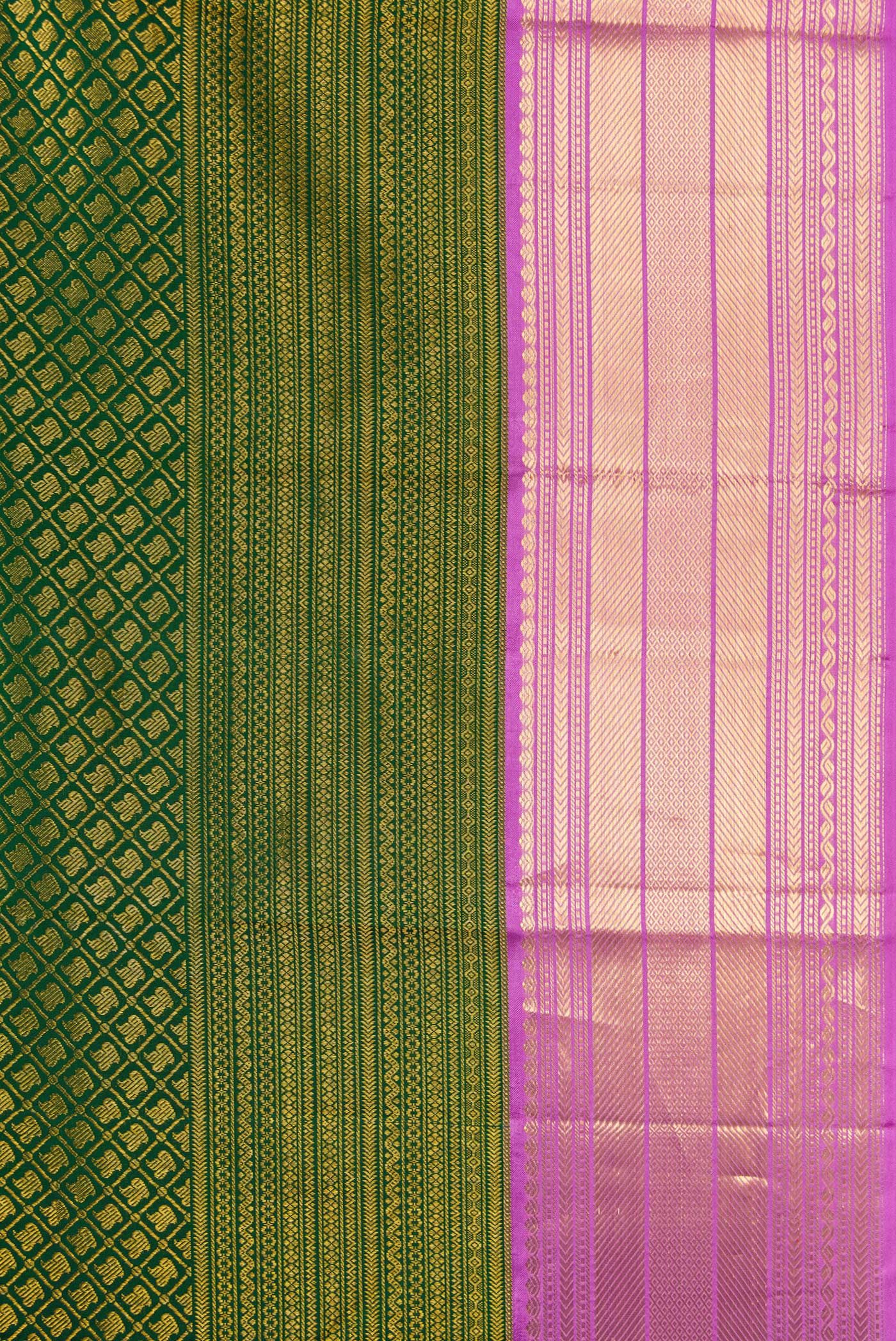 Border image of Bottle Green Dual Tone Kanchipuram Silk Saree with Zari Brocade on the body and Zari Border. 