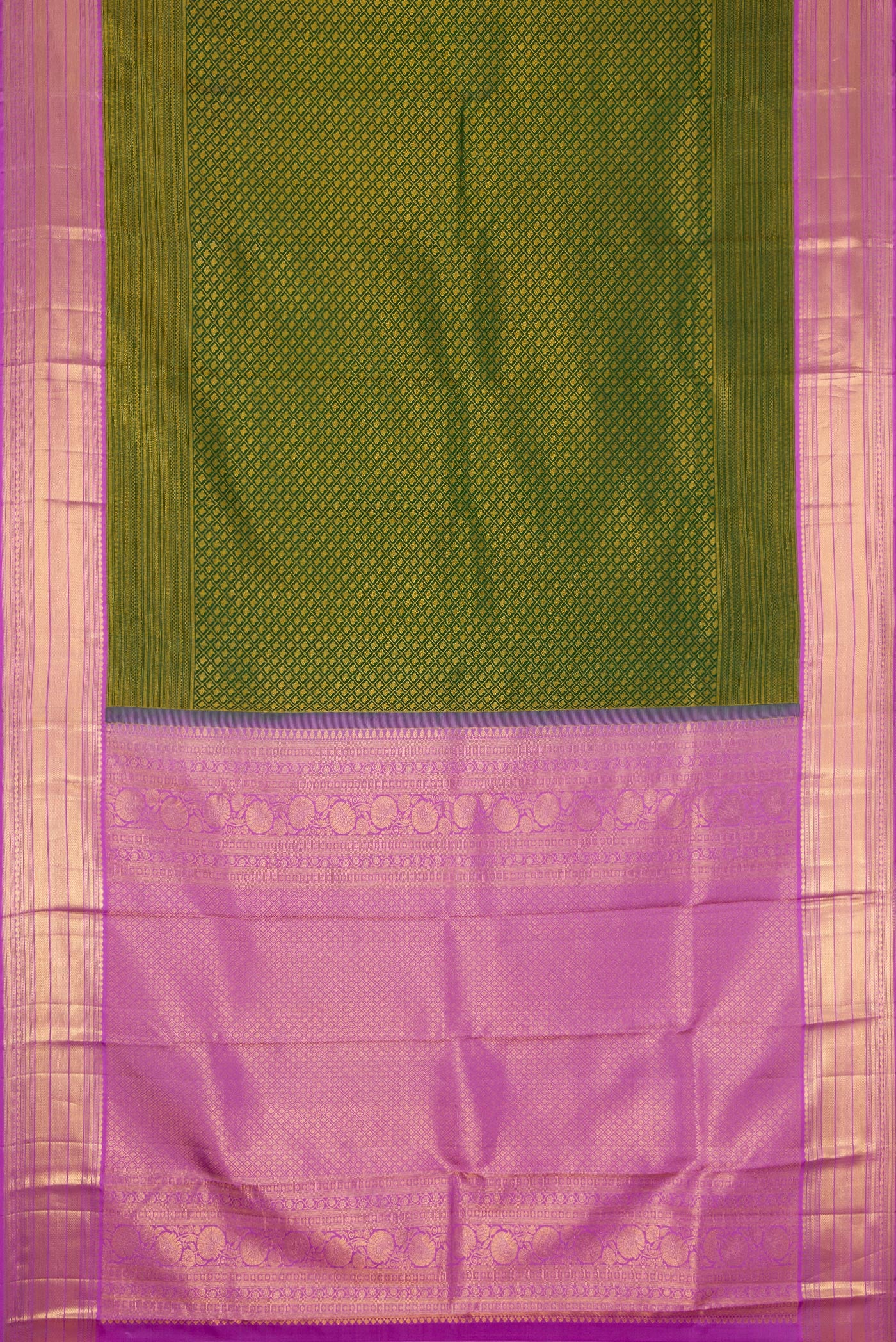 Flat view of Bottle Green Dual Tone Kanchipuram Silk Saree with Zari Brocade on the body and Zari Border. 