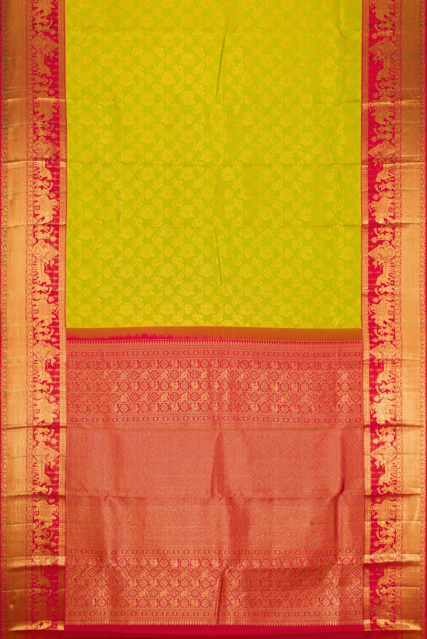 Flat view of Green Dual Tone Kanchipuram Silk Saree with Zari Brocade on the body and Zari Border. 