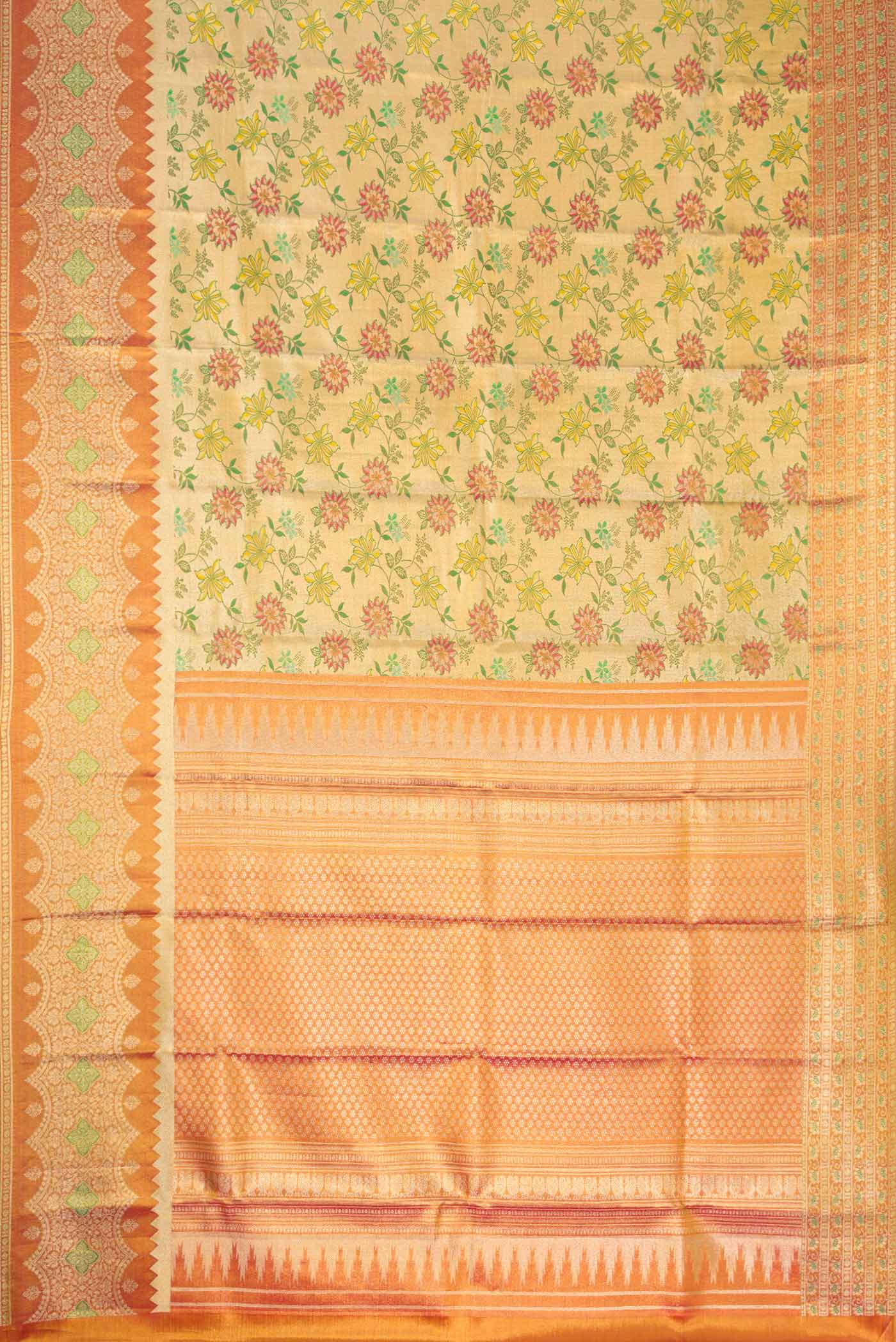 Flat view of Green Dual Tone Kanjivaram Tissue Silk Saree with Zari Brocade on the body and Zari Border. 