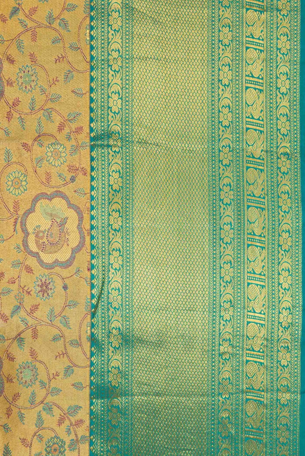 Border image of Gold Dual Tone Kanchipuram Tissue Silk Saree with Zari Brocade on the body and Zari Border. 