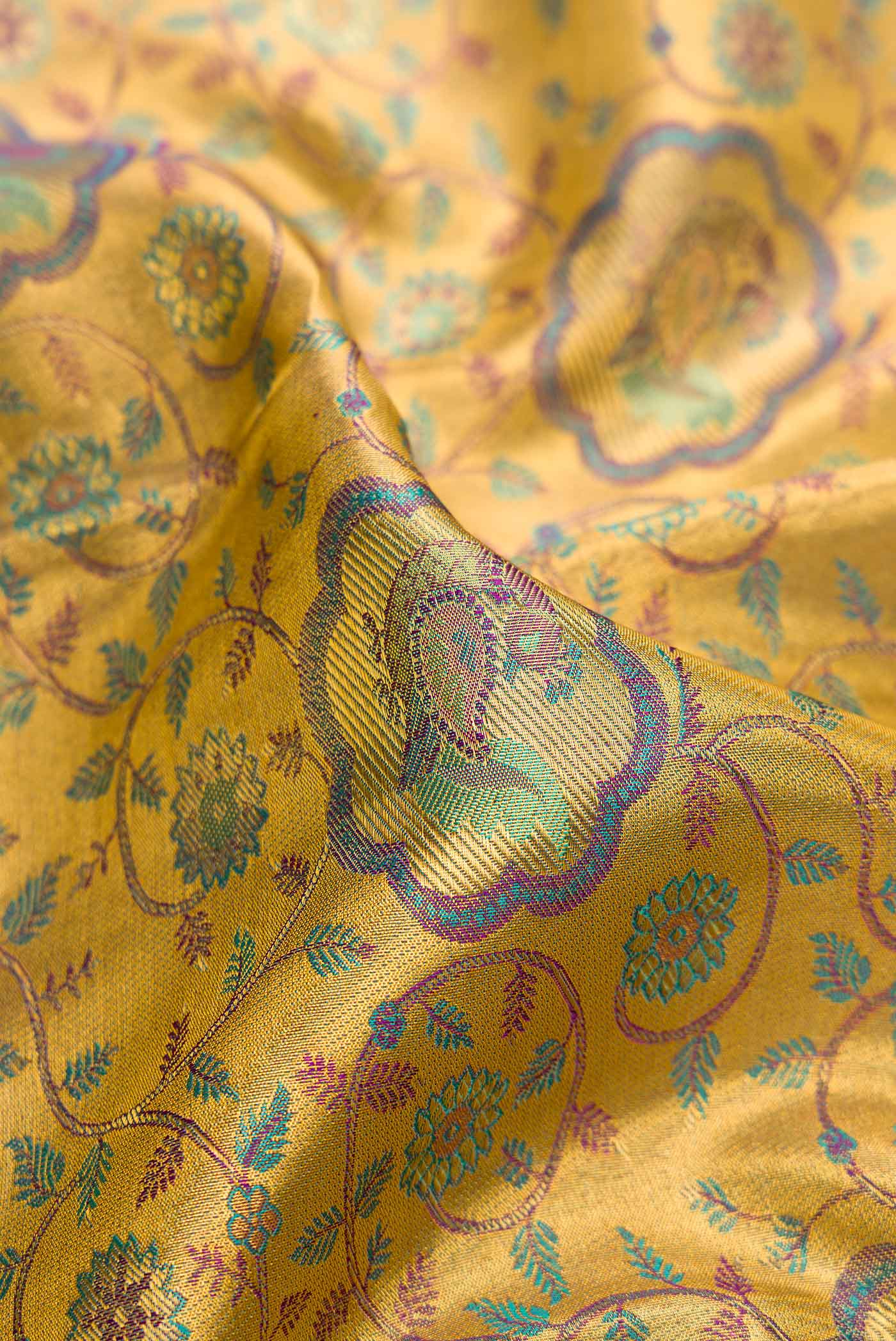 Close up of Gold Dual Tone Kanchipuram Tissue Silk Saree with Zari Brocade on the body and Zari Border.  displaying folds