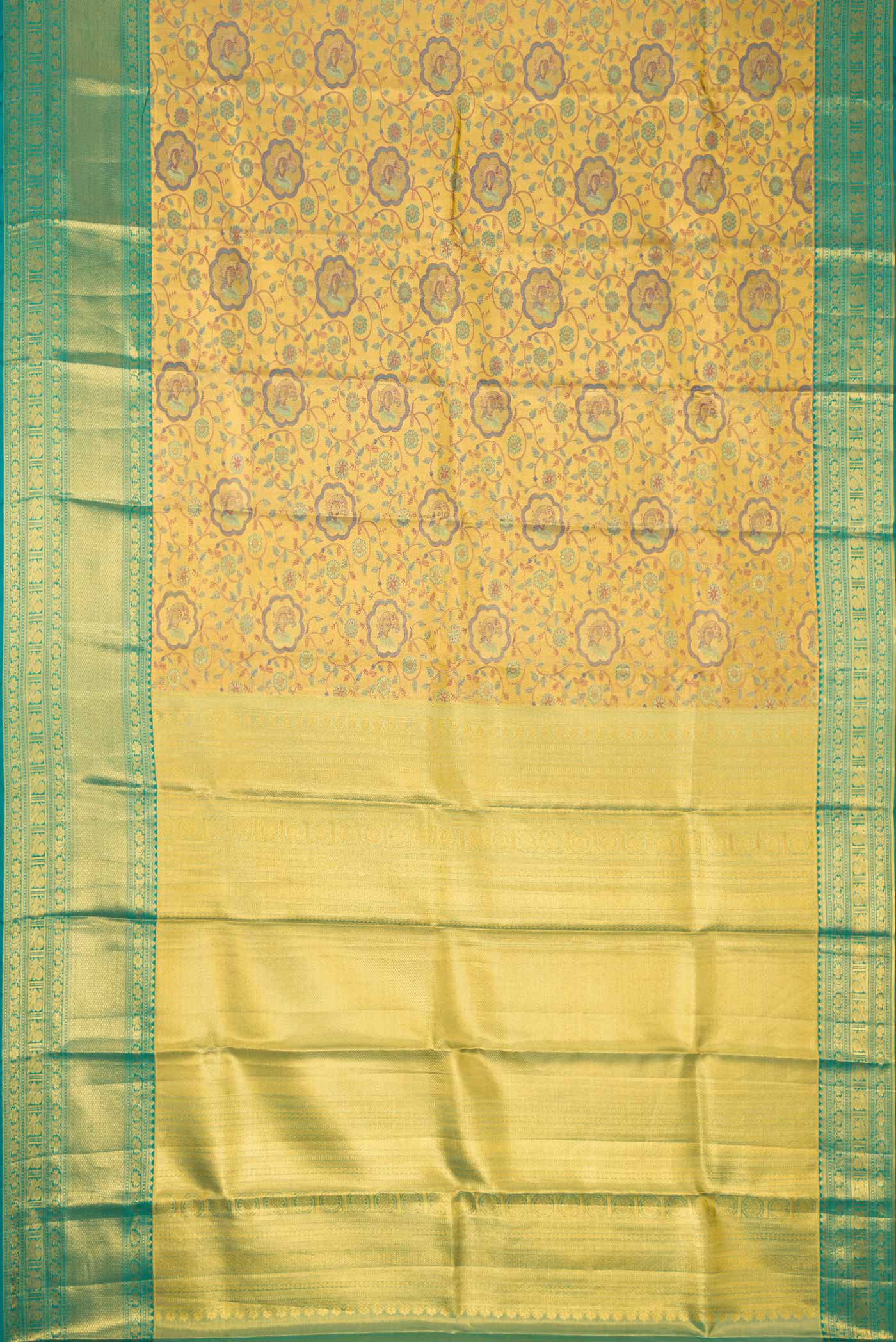 Flat view of Gold Dual Tone Kanchipuram Tissue Silk Saree with Zari Brocade on the body and Zari Border. 
