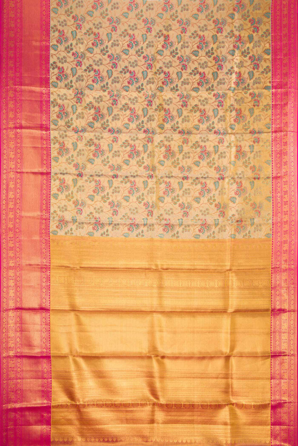 Flat view of Gold Dual Tone Kanchipuram Tissue Silk Saree with Zari Brocade on the body and Zari Border. 
